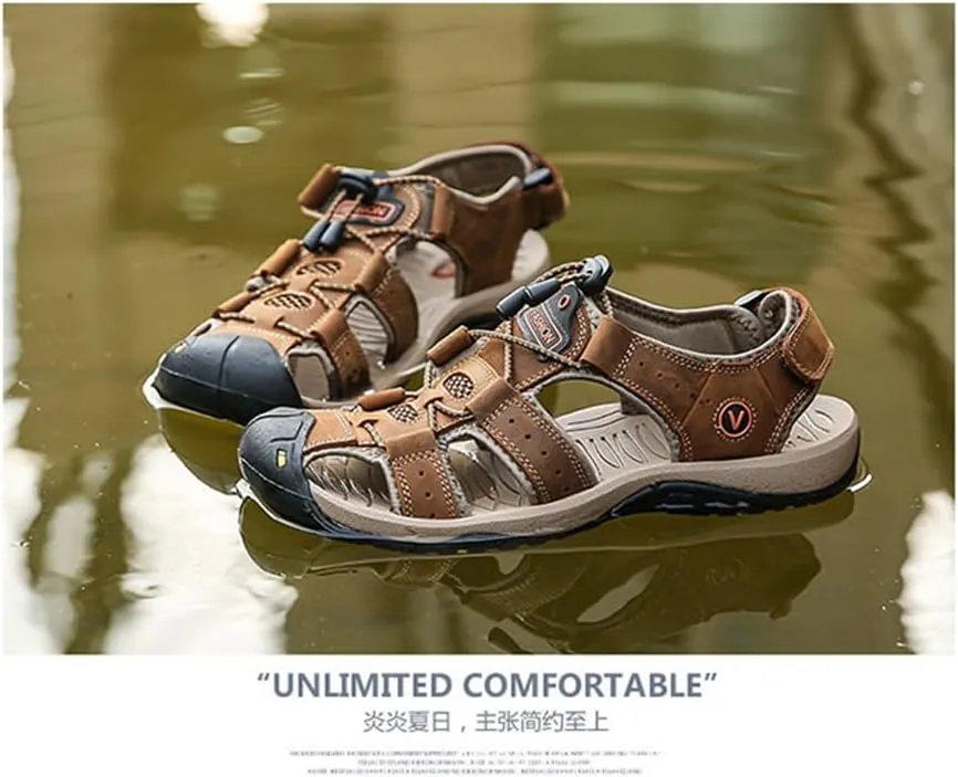 BaronHong Men Outdoor Hiking Sandals Summer Leather Walking Non-Slip Mountain Beach Trekking Sandals Creek River Shoes