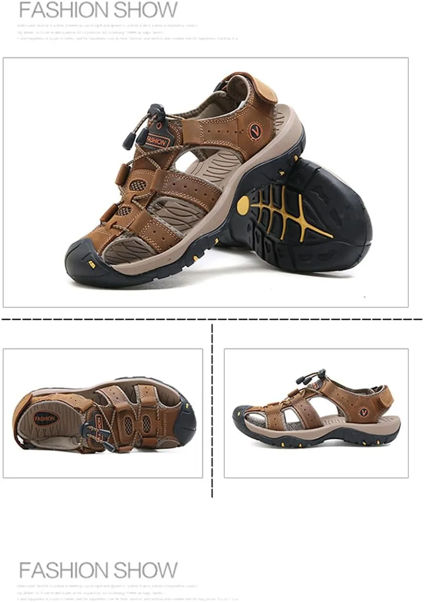 BaronHong Men Outdoor Hiking Sandals Summer Leather Walking Non-Slip Mountain Beach Trekking Sandals Creek River Shoes