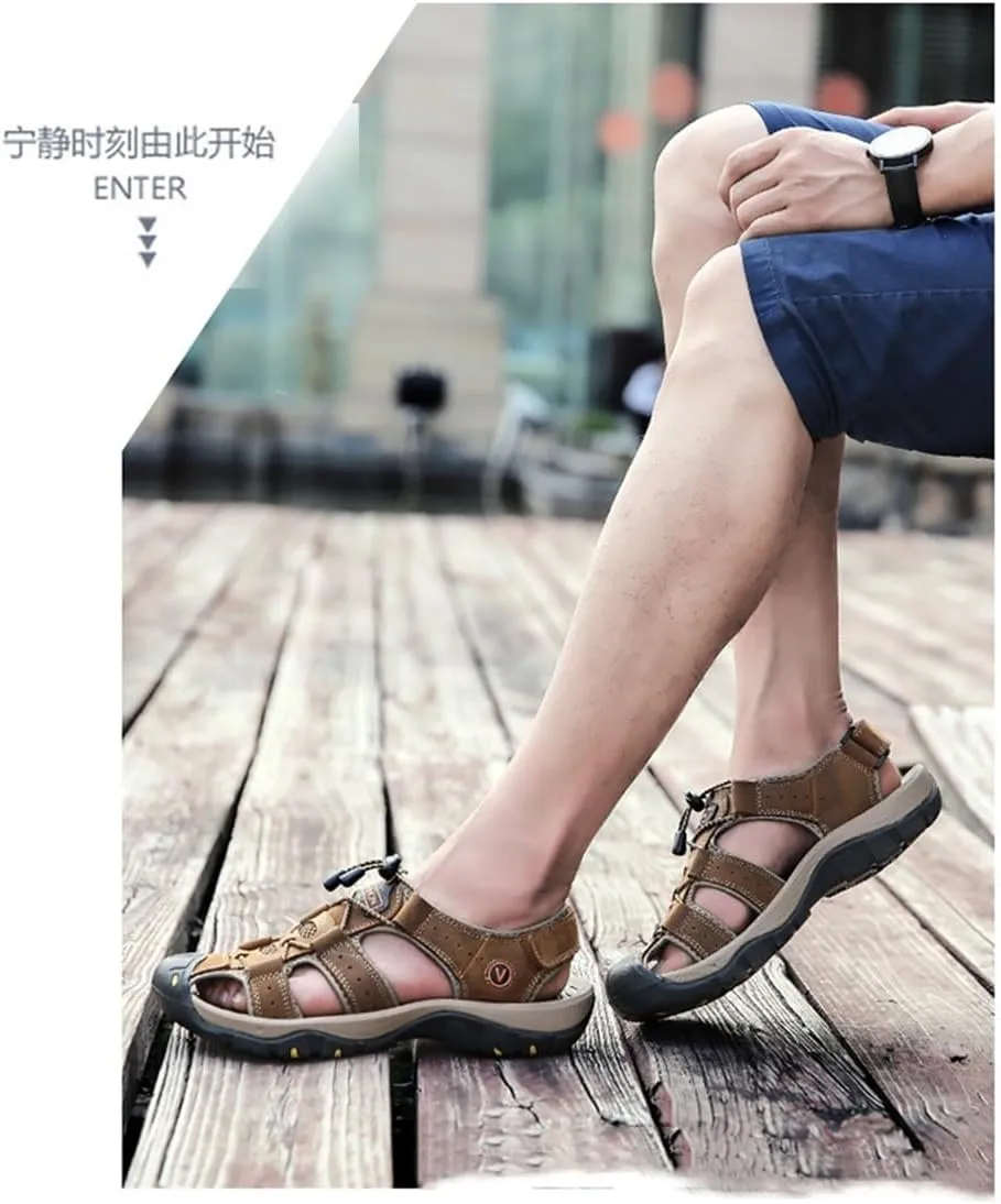 BaronHong Men Outdoor Hiking Sandals Summer Leather Walking Non-Slip Mountain Beach Trekking Sandals Creek River Shoes