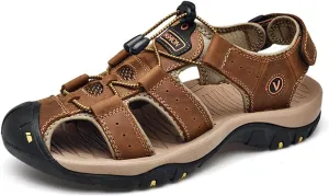 BaronHong Men Outdoor Hiking Sandals Summer Leather Walking Non-Slip Mountain Beach Trekking Sandals Creek River Shoes