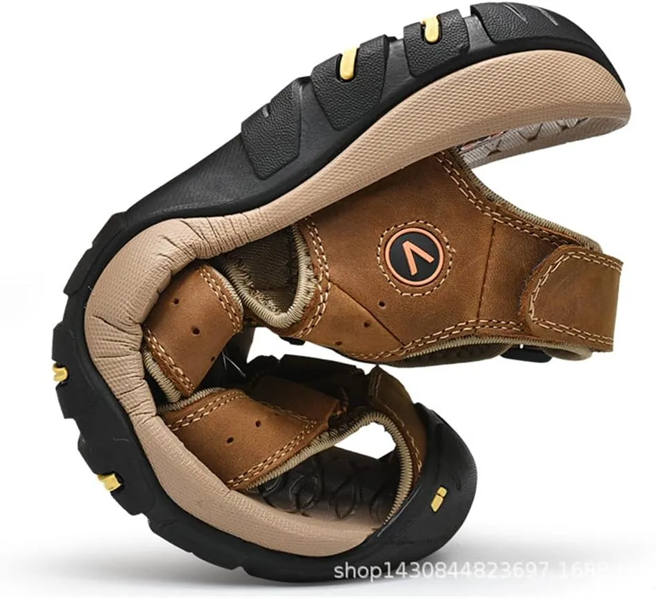 BaronHong Men Outdoor Hiking Sandals Summer Leather Walking Non-Slip Mountain Beach Trekking Sandals Creek River Shoes