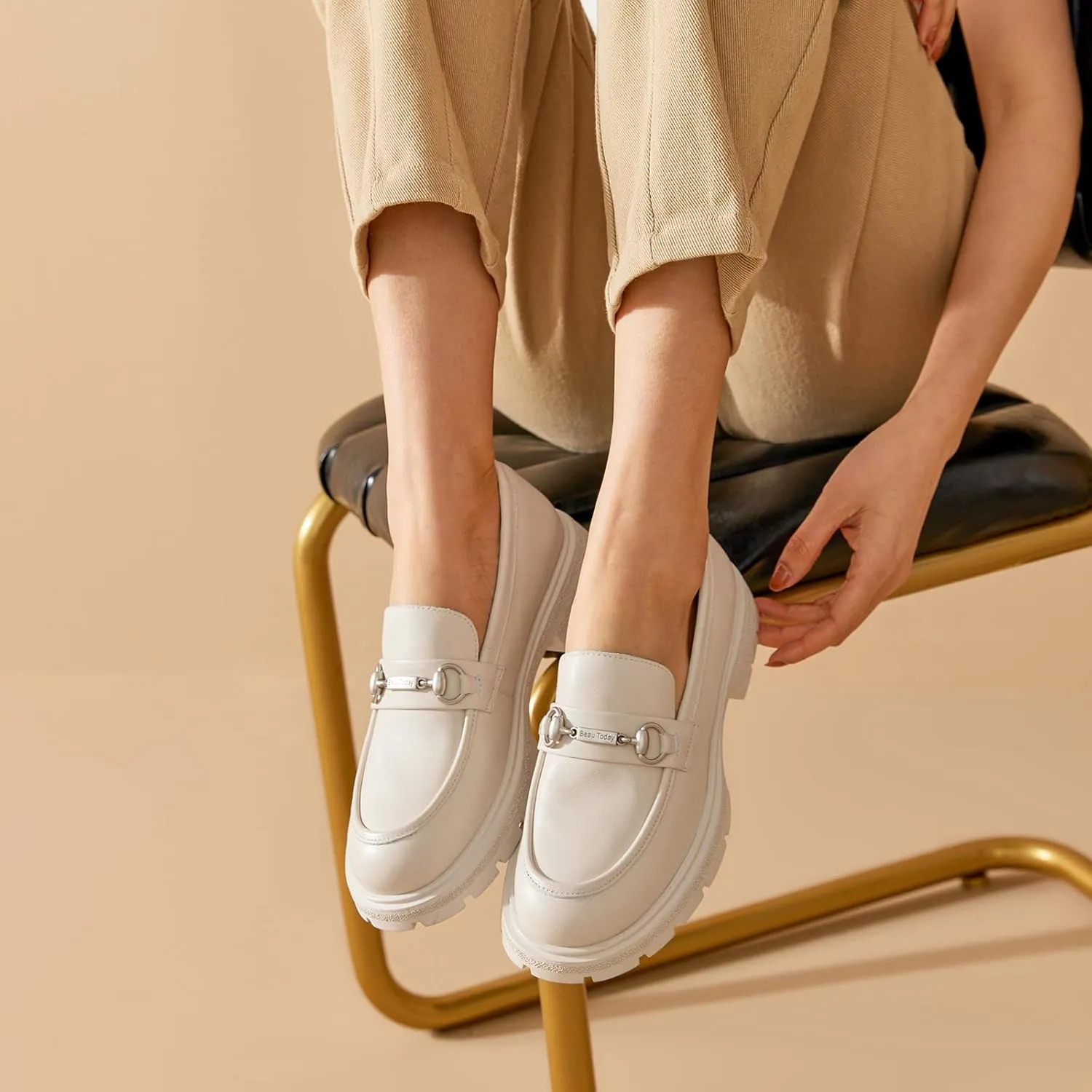 BEAU TODAY Platform Loafers for Women, Chunky Leather Loafers Women, Women’s Slip-on Comfortable Business Casual Round Toe Office Walking Ladies Shoes