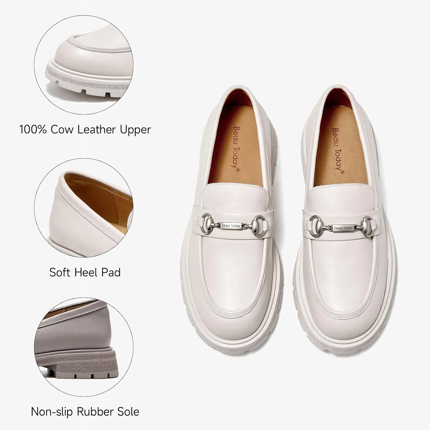 BEAU TODAY Platform Loafers for Women, Chunky Leather Loafers Women, Women’s Slip-on Comfortable Business Casual Round Toe Office Walking Ladies Shoes