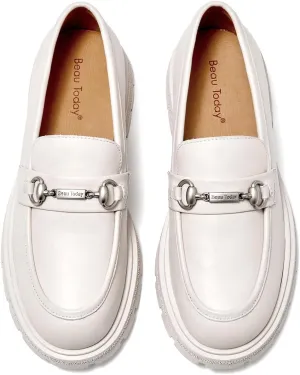 BEAU TODAY Platform Loafers for Women, Chunky Leather Loafers Women, Women’s Slip-on Comfortable Business Casual Round Toe Office Walking Ladies Shoes