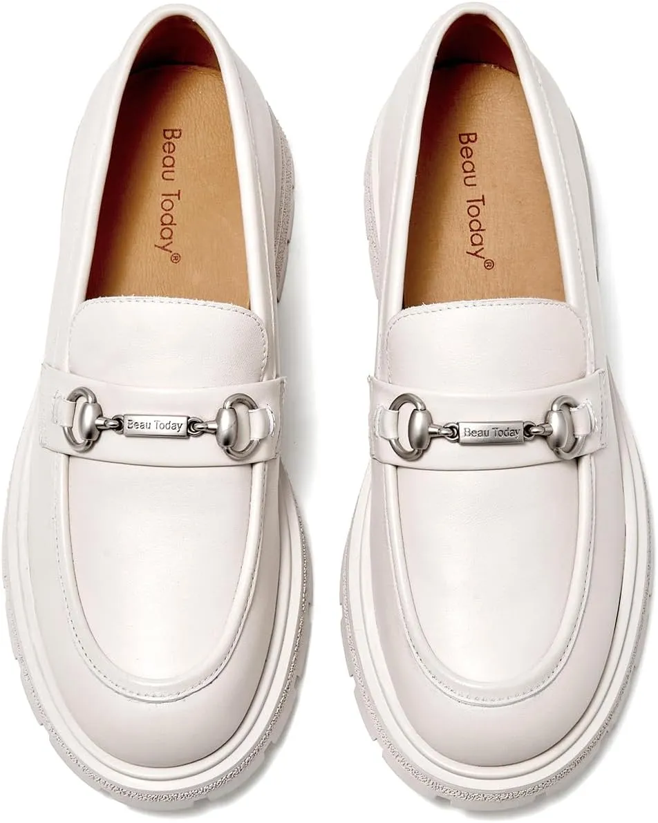 BEAU TODAY Platform Loafers for Women, Chunky Leather Loafers Women, Women’s Slip-on Comfortable Business Casual Round Toe Office Walking Ladies Shoes