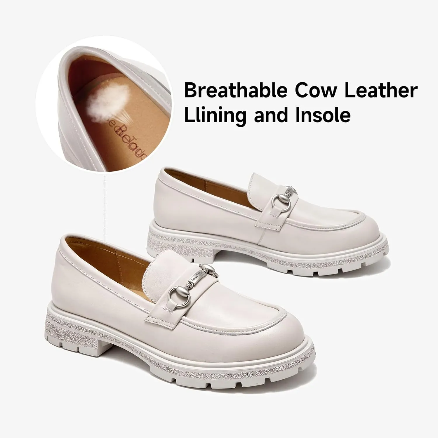 BEAU TODAY Platform Loafers for Women, Chunky Leather Loafers Women, Women’s Slip-on Comfortable Business Casual Round Toe Office Walking Ladies Shoes
