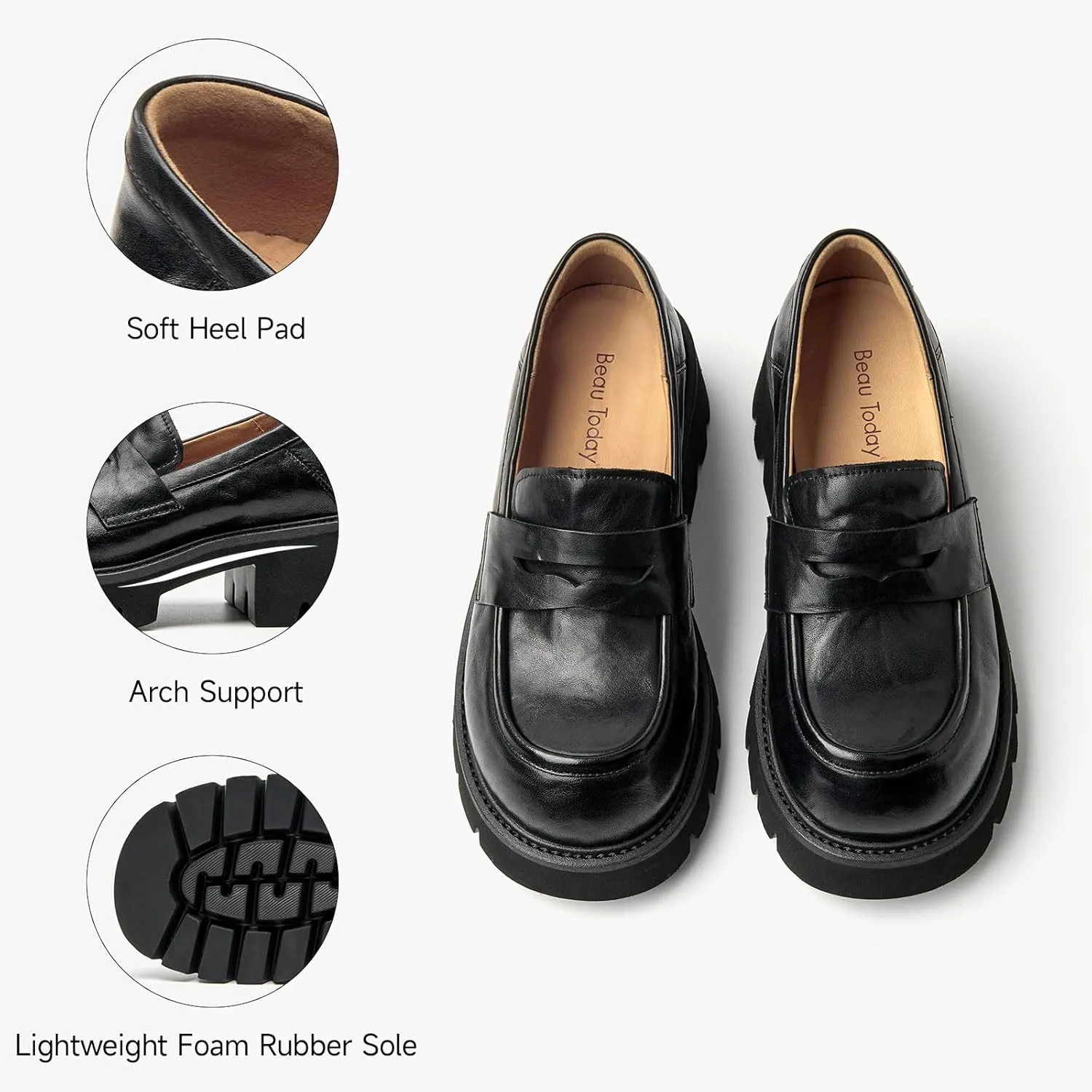 BEAU TODAY Platform Loafers for Women, Women’s Chunky Leather Loafers, Slip-on Lug Sole Penny Loafers Comfortable Business Casual Office Non Slip Round Toe Ladies Dress Shoes