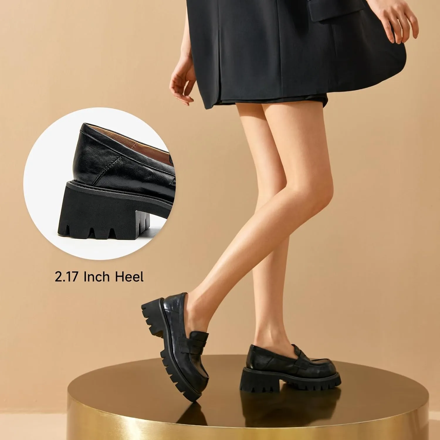 BEAU TODAY Platform Loafers for Women, Women’s Chunky Leather Loafers, Slip-on Lug Sole Penny Loafers Comfortable Business Casual Office Non Slip Round Toe Ladies Dress Shoes