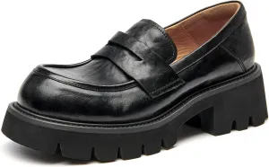 BEAU TODAY Platform Loafers for Women, Women’s Chunky Leather Loafers, Slip-on Lug Sole Penny Loafers Comfortable Business Casual Office Non Slip Round Toe Ladies Dress Shoes