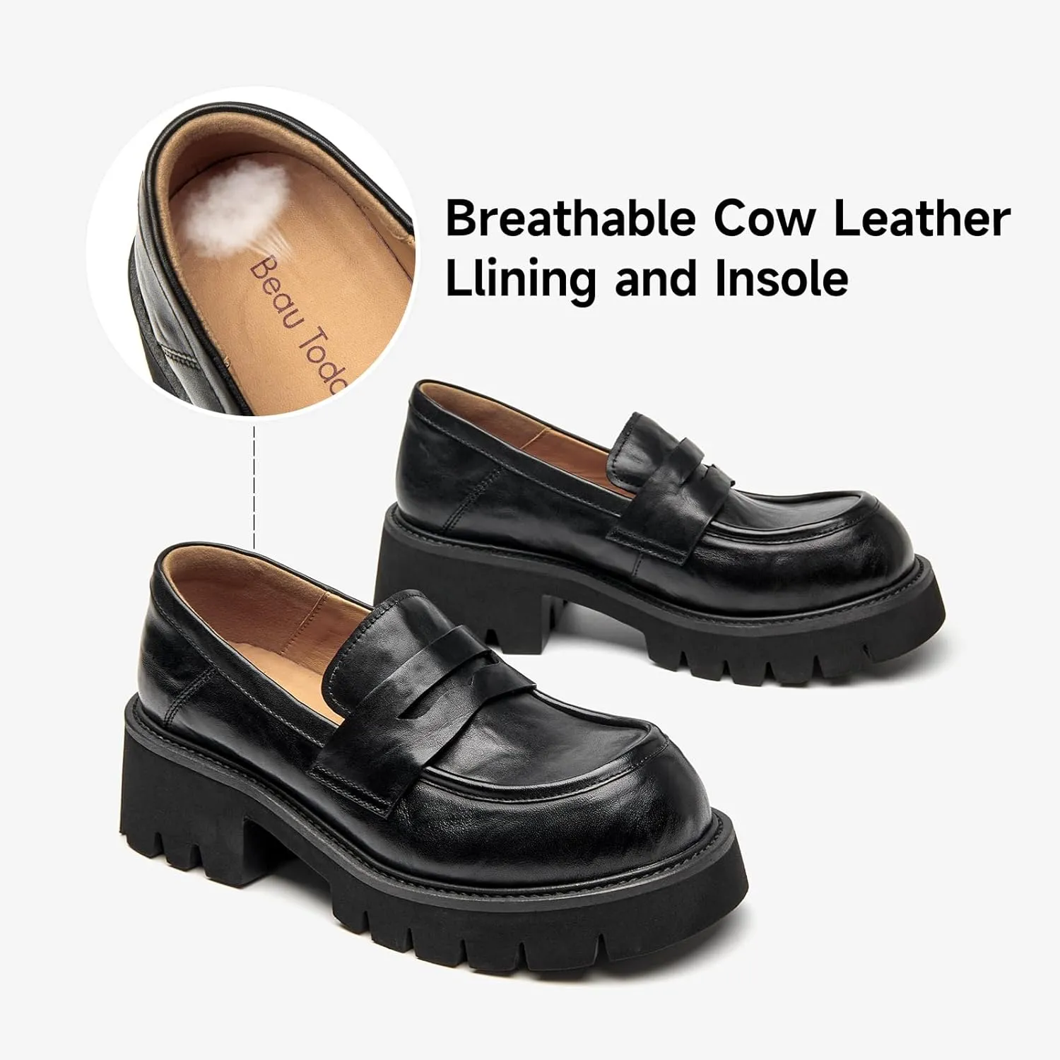 BEAU TODAY Platform Loafers for Women, Women’s Chunky Leather Loafers, Slip-on Lug Sole Penny Loafers Comfortable Business Casual Office Non Slip Round Toe Ladies Dress Shoes