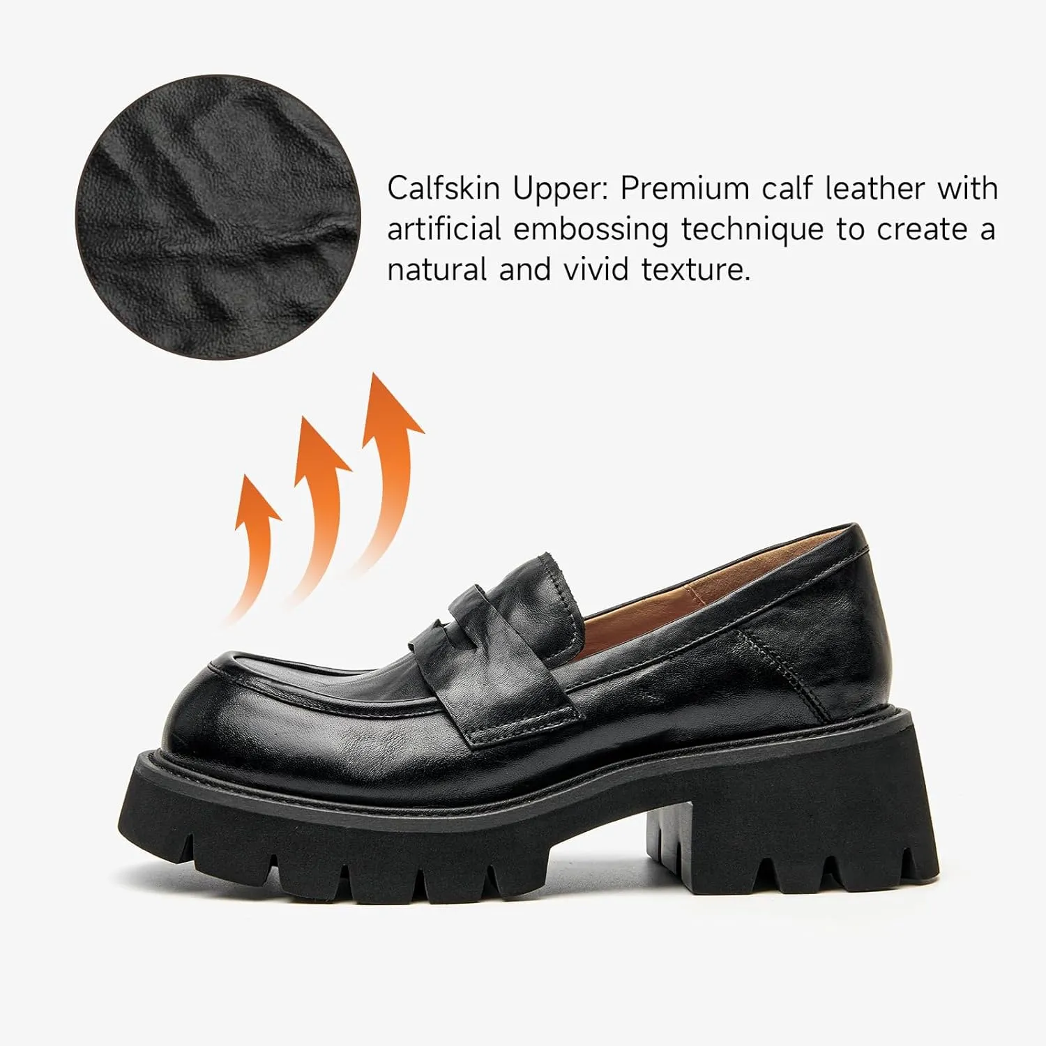 BEAU TODAY Platform Loafers for Women, Women’s Chunky Leather Loafers, Slip-on Lug Sole Penny Loafers Comfortable Business Casual Office Non Slip Round Toe Ladies Dress Shoes