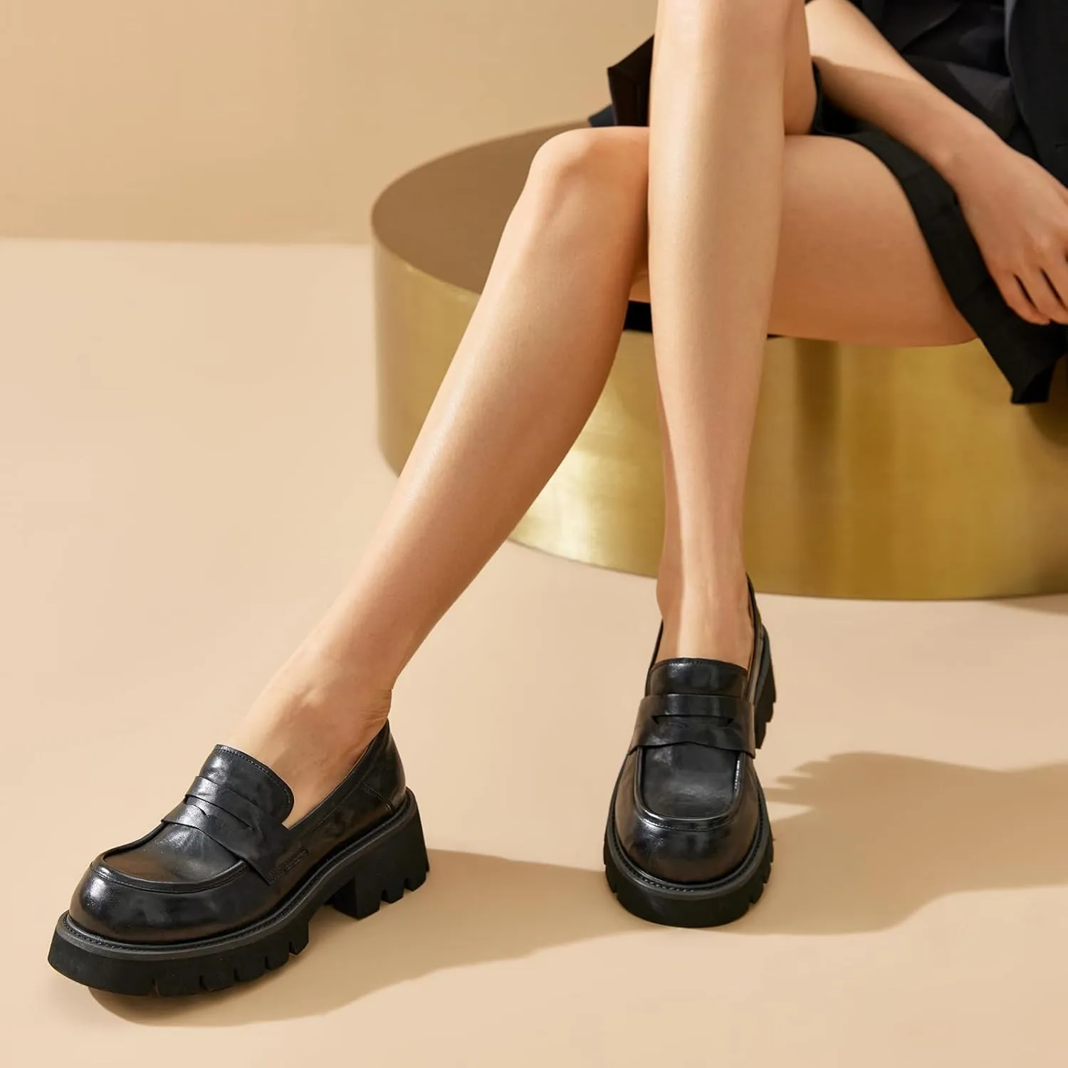 BEAU TODAY Platform Loafers for Women, Women’s Chunky Leather Loafers, Slip-on Lug Sole Penny Loafers Comfortable Business Casual Office Non Slip Round Toe Ladies Dress Shoes