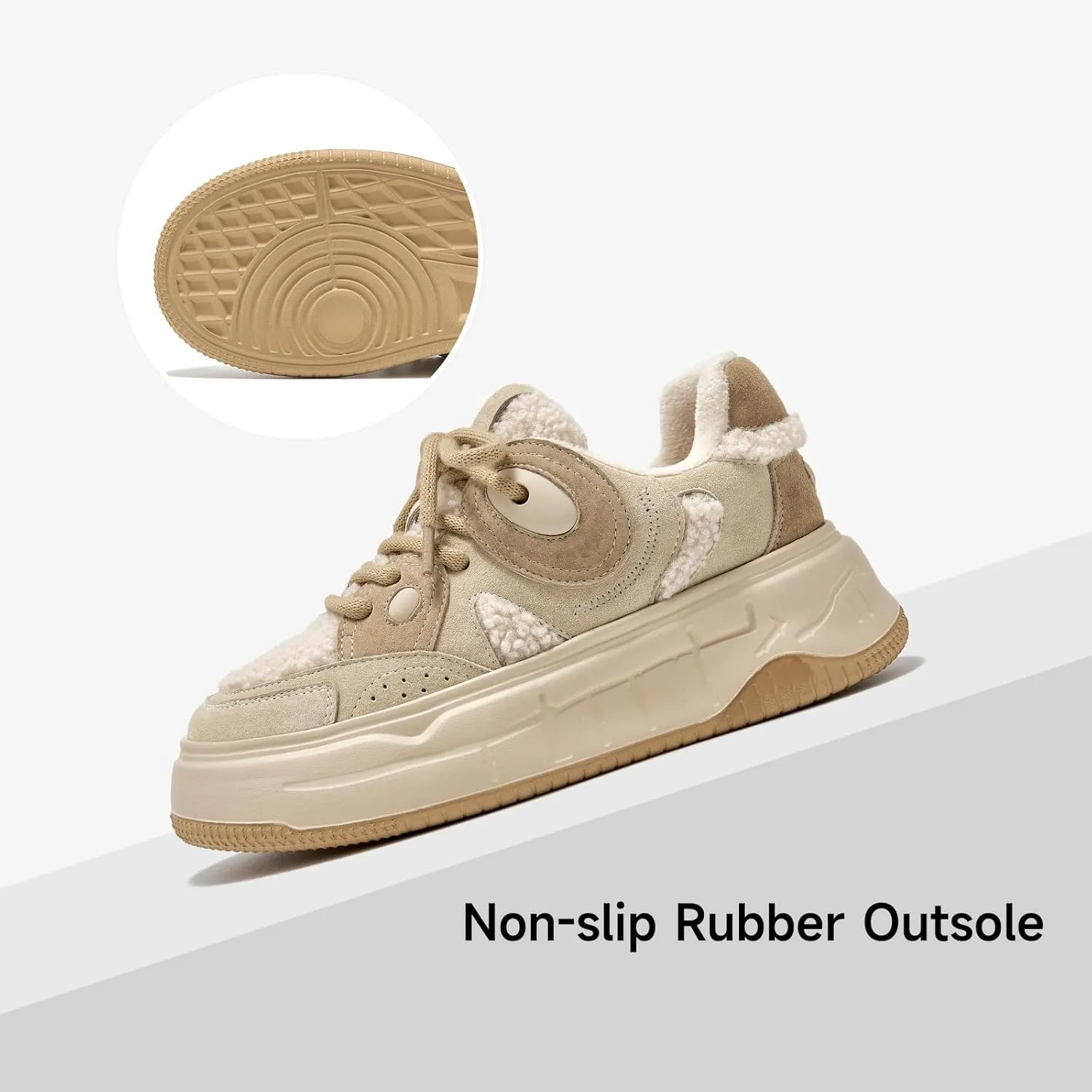 BEAU TODAY Winter Platform Sneakers for Women, Warm Fur Lined Fashion Chunky Sneakers for Women, Comfortable Suede Leather Sneakers, Casual Dressy Lace-up Anti-Slip Outdoor Walking Shoes