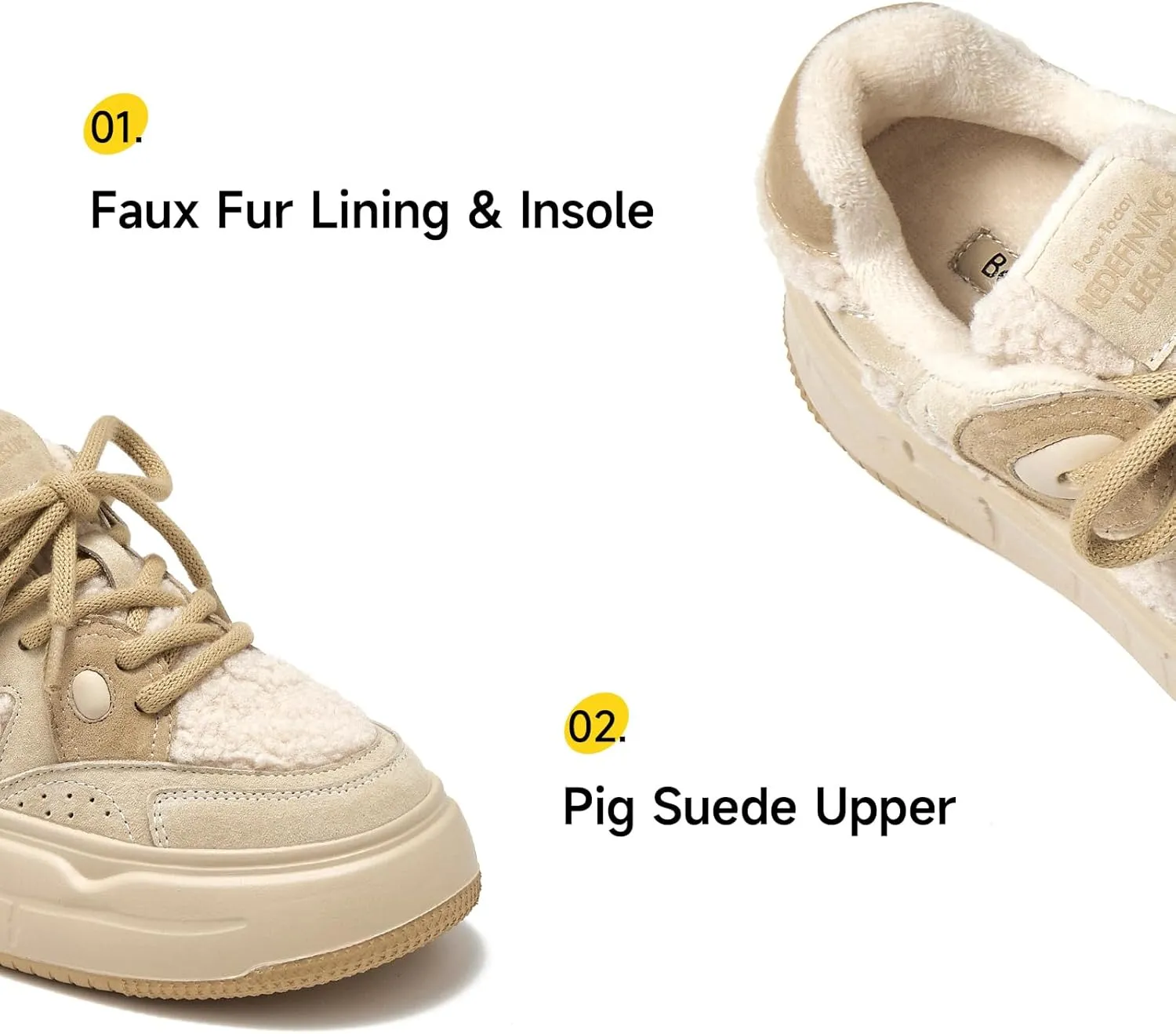 BEAU TODAY Winter Platform Sneakers for Women, Warm Fur Lined Fashion Chunky Sneakers for Women, Comfortable Suede Leather Sneakers, Casual Dressy Lace-up Anti-Slip Outdoor Walking Shoes