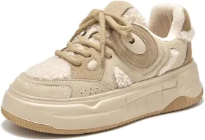 BEAU TODAY Winter Platform Sneakers for Women, Warm Fur Lined Fashion Chunky Sneakers for Women, Comfortable Suede Leather Sneakers, Casual Dressy Lace-up Anti-Slip Outdoor Walking Shoes