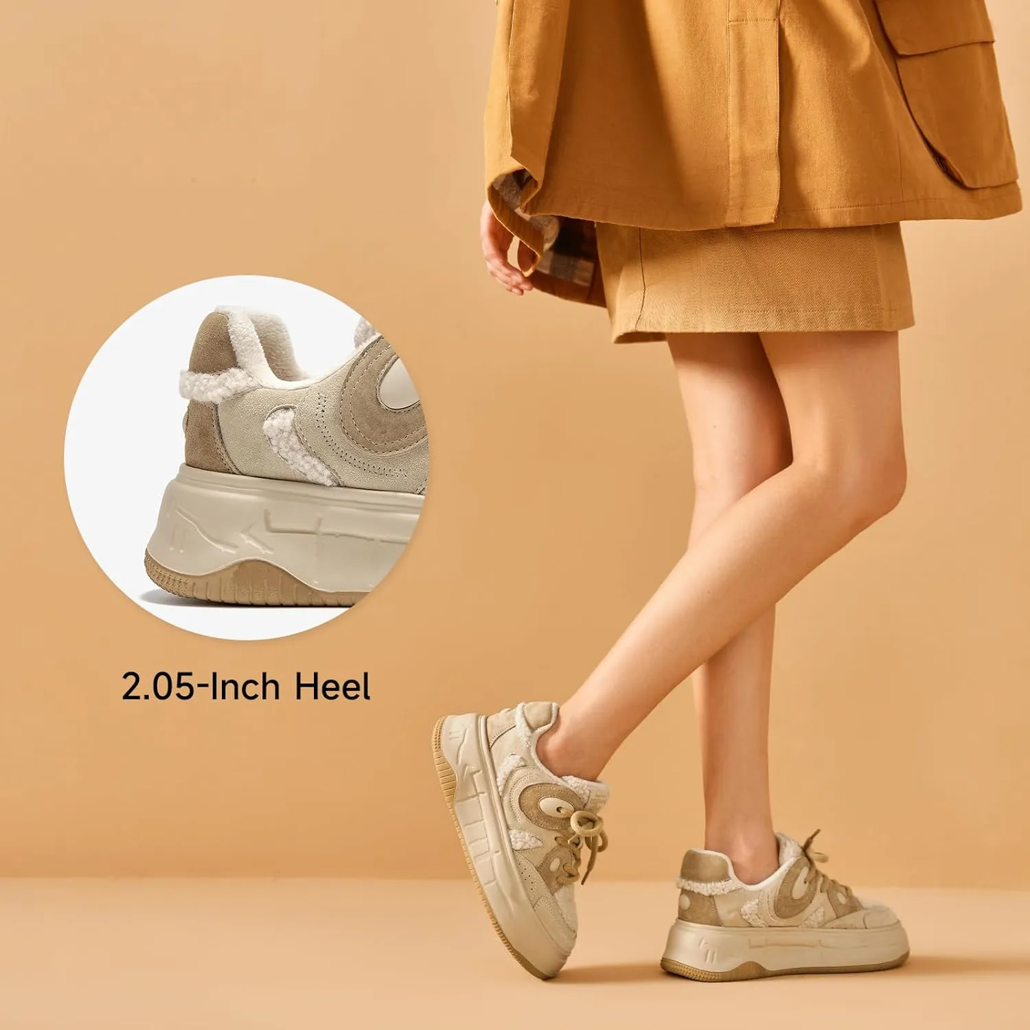 BEAU TODAY Winter Platform Sneakers for Women, Warm Fur Lined Fashion Chunky Sneakers for Women, Comfortable Suede Leather Sneakers, Casual Dressy Lace-up Anti-Slip Outdoor Walking Shoes