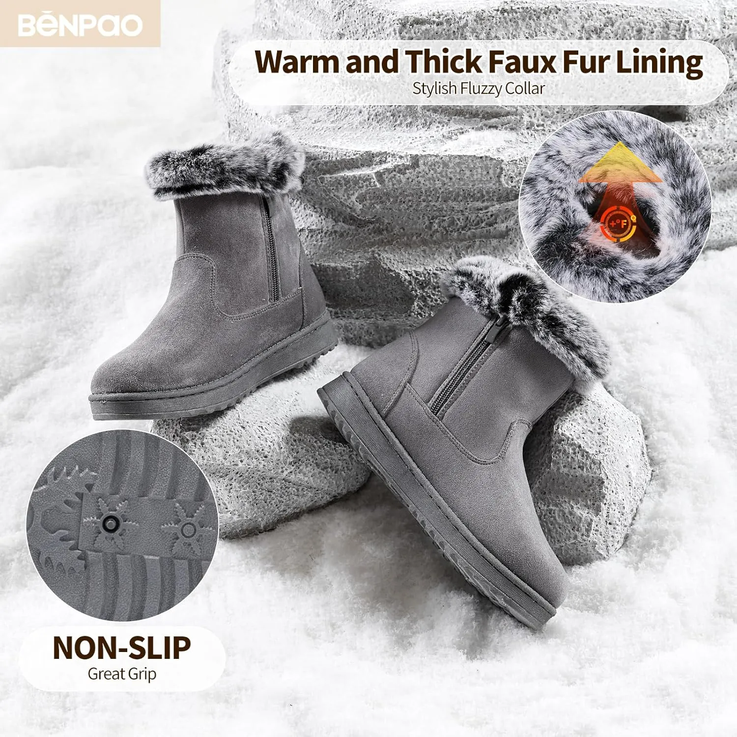 BENPAO Women's Winter Snow Boots - Fuzzy Mini Short Suede Ankle Booties with Zipper