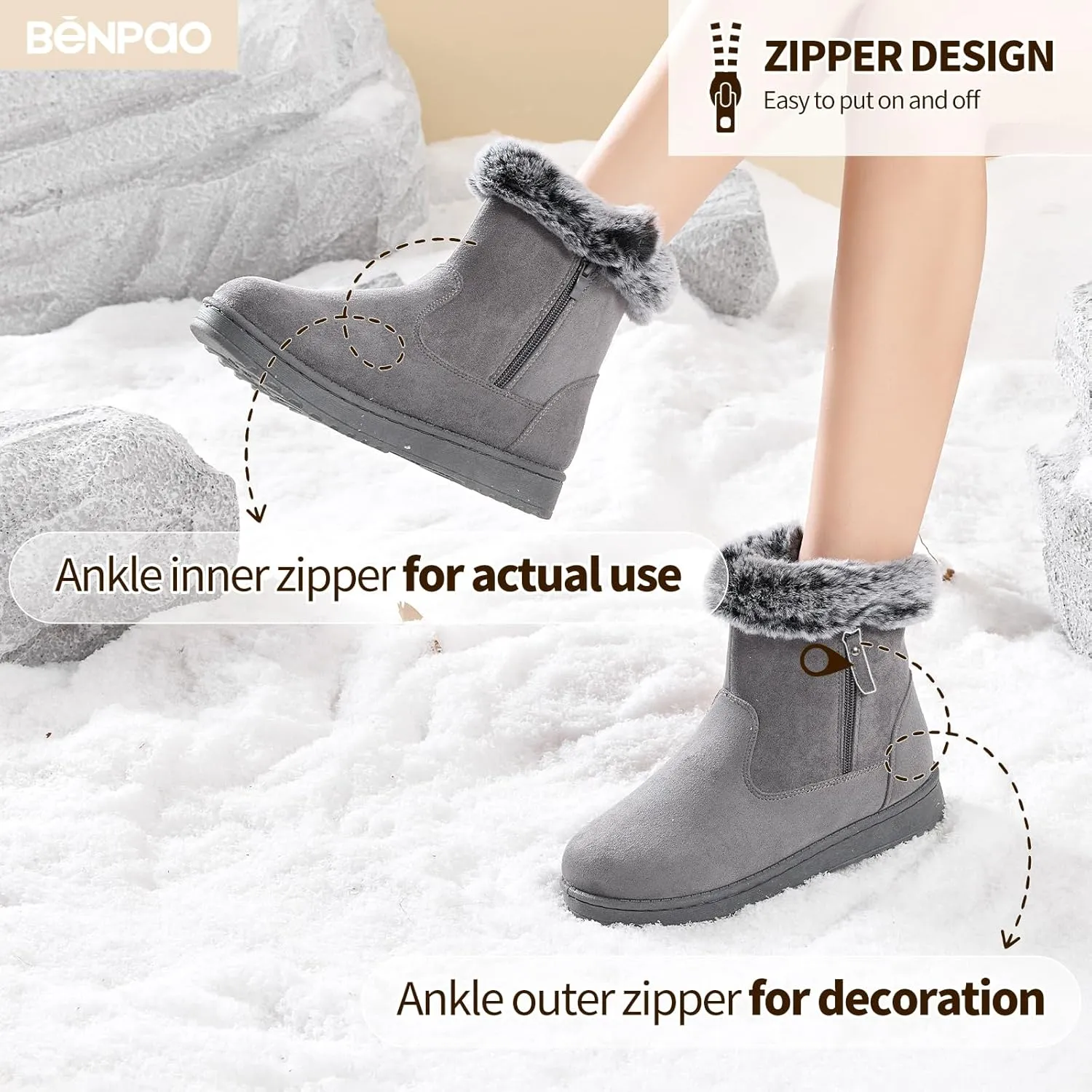 BENPAO Women's Winter Snow Boots - Fuzzy Mini Short Suede Ankle Booties with Zipper