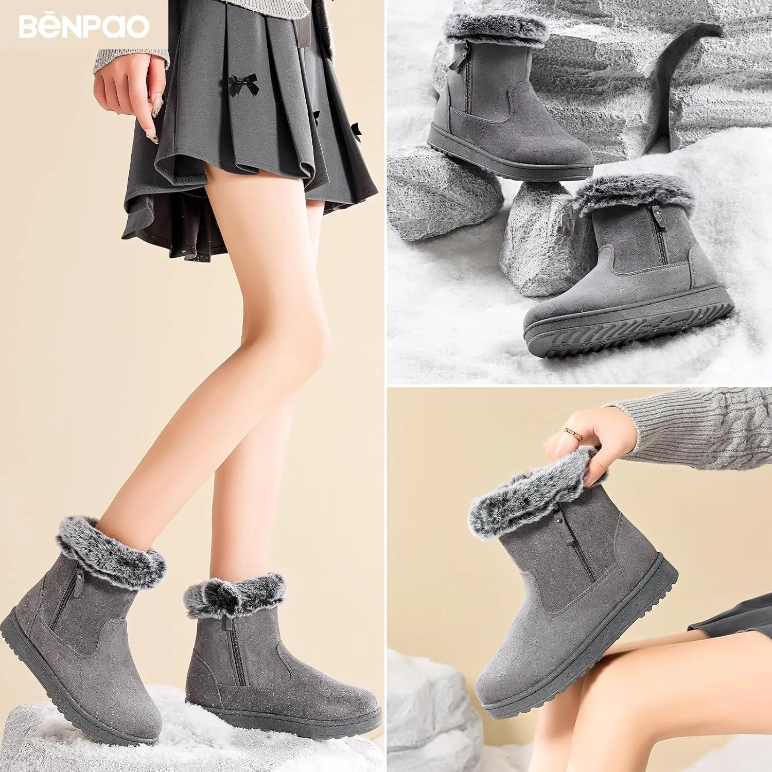 BENPAO Women's Winter Snow Boots - Fuzzy Mini Short Suede Ankle Booties with Zipper