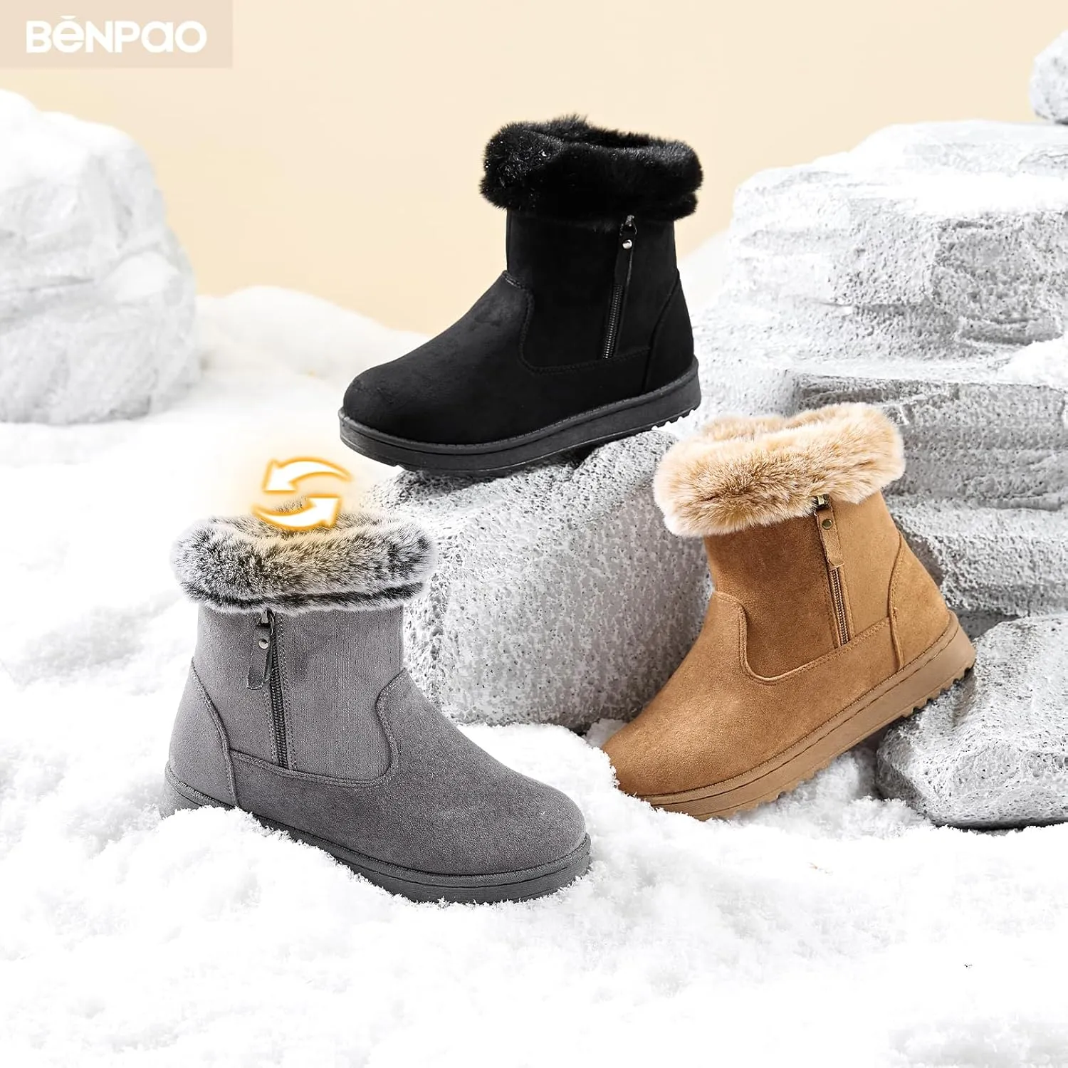 BENPAO Women's Winter Snow Boots - Fuzzy Mini Short Suede Ankle Booties with Zipper