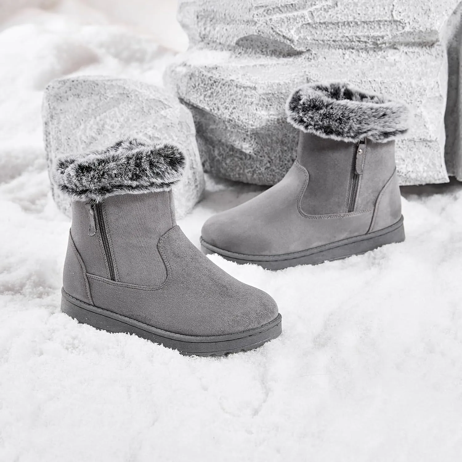 BENPAO Women's Winter Snow Boots - Fuzzy Mini Short Suede Ankle Booties with Zipper