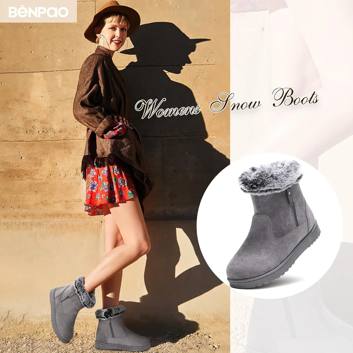 BENPAO Women's Winter Snow Boots - Fuzzy Mini Short Suede Ankle Booties with Zipper