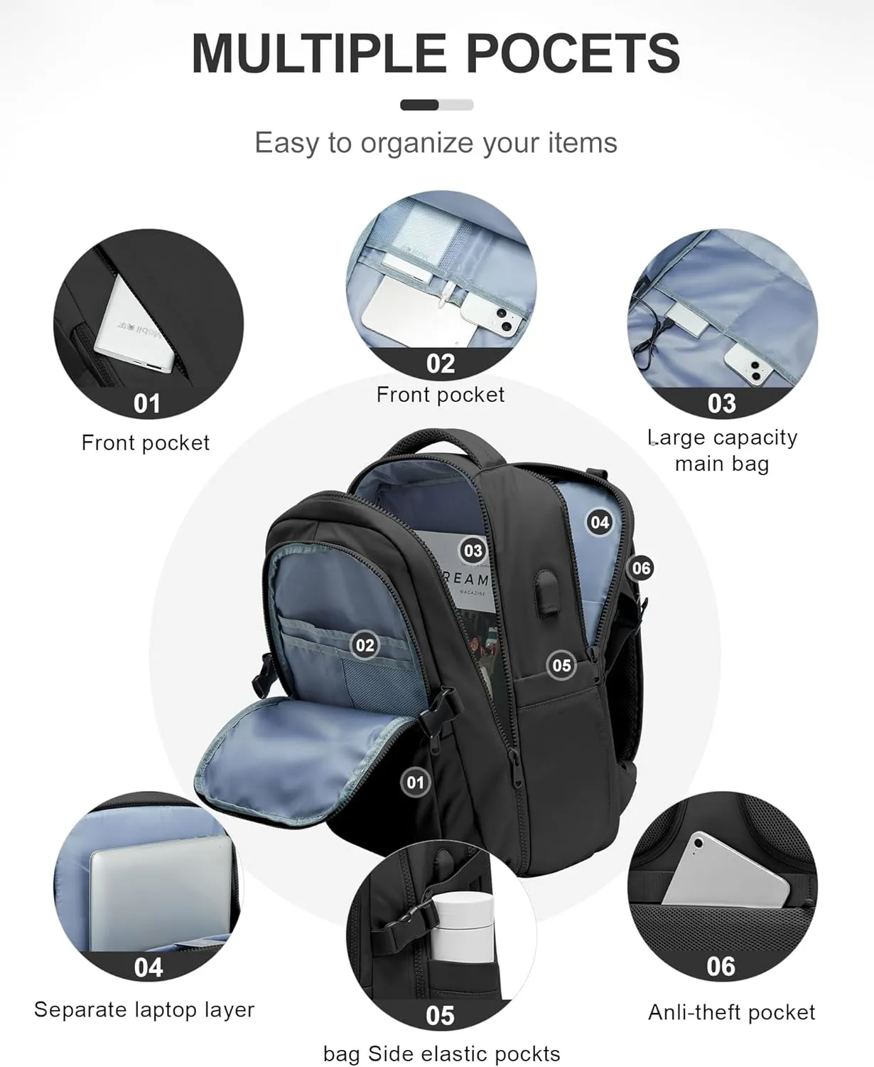Black Travel Backpack for Women Mens Backpack Carry On Flight Approved personal item bag, 14 Inch Anti Theft Laptop Backpack Waterproof for Weekender Traveling Hiking
