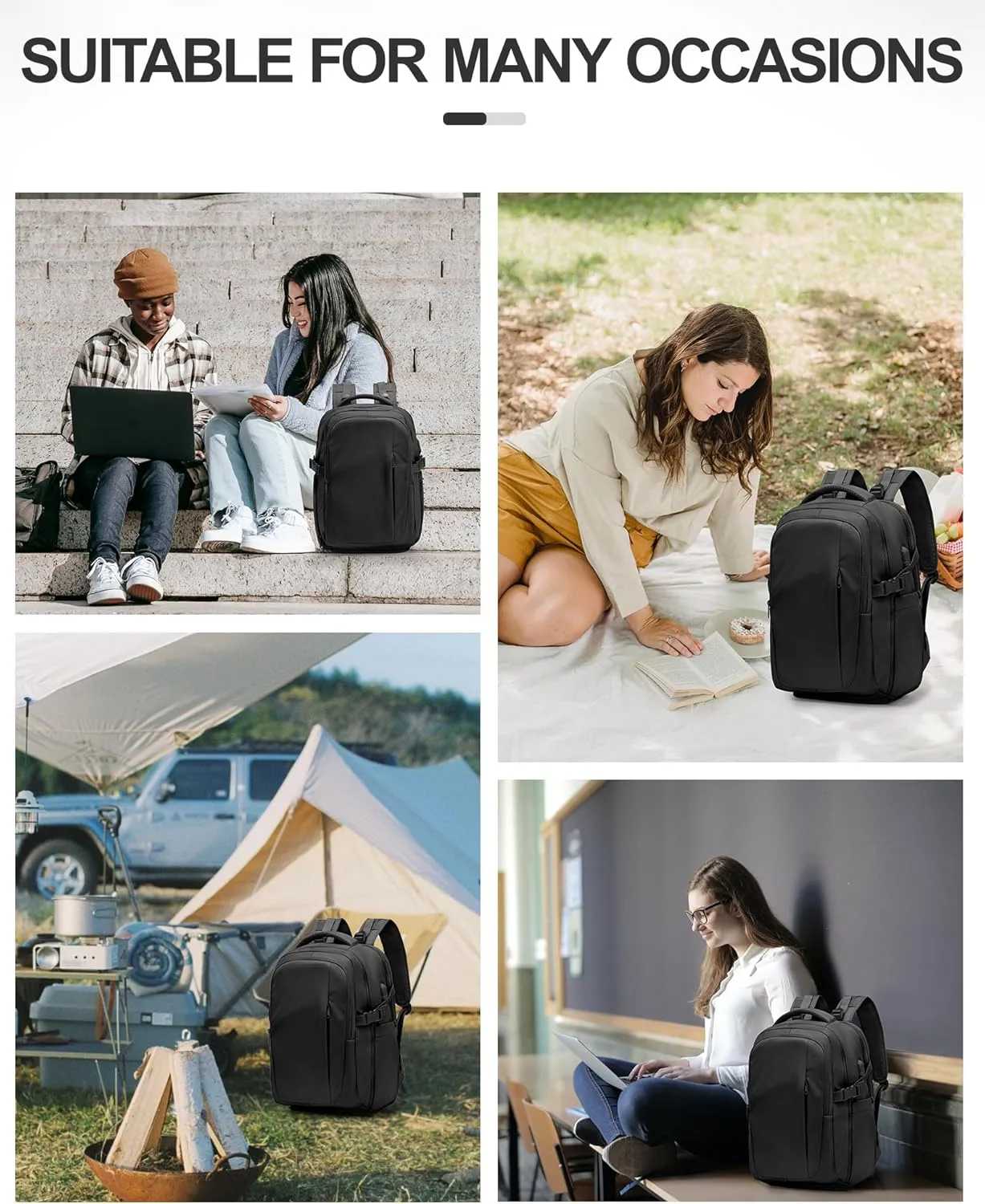 Black Travel Backpack for Women Mens Backpack Carry On Flight Approved personal item bag, 14 Inch Anti Theft Laptop Backpack Waterproof for Weekender Traveling Hiking
