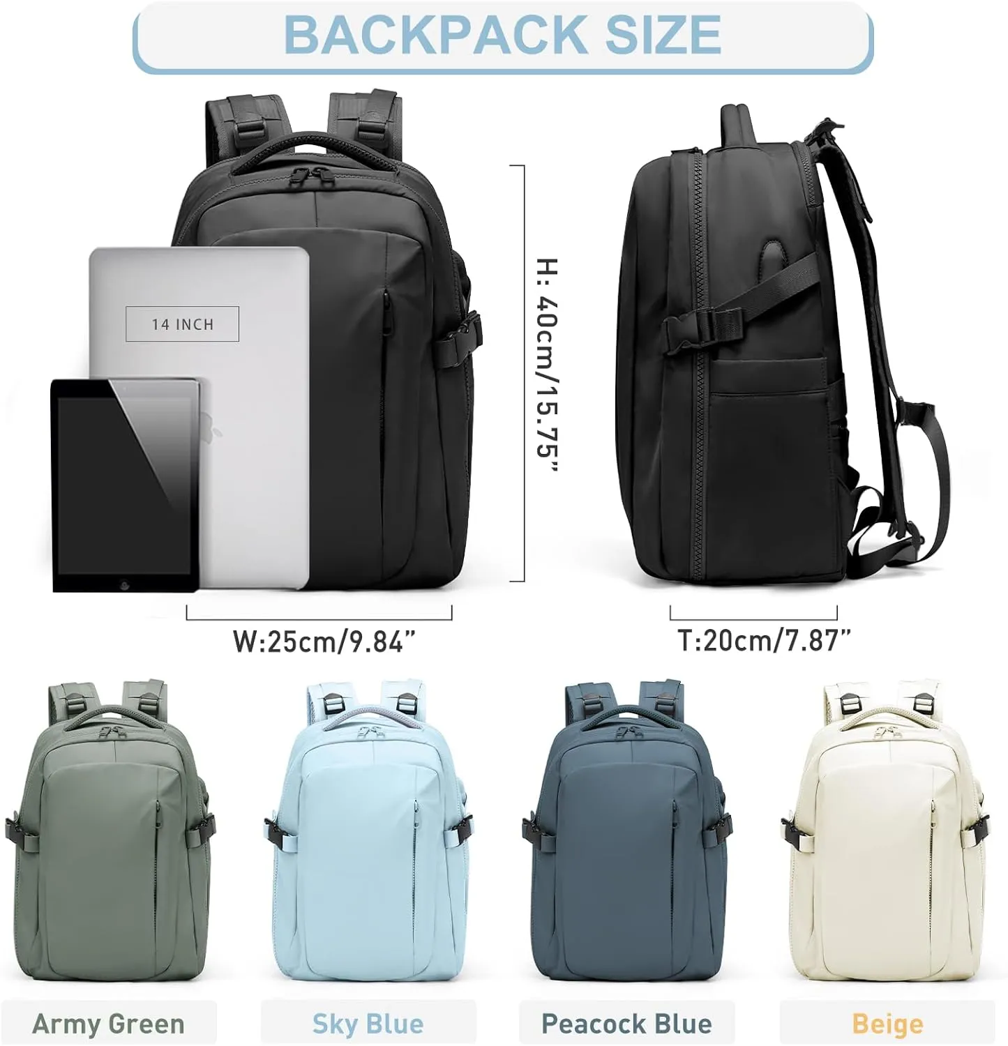 Black Travel Backpack for Women Mens Backpack Carry On Flight Approved personal item bag, 14 Inch Anti Theft Laptop Backpack Waterproof for Weekender Traveling Hiking