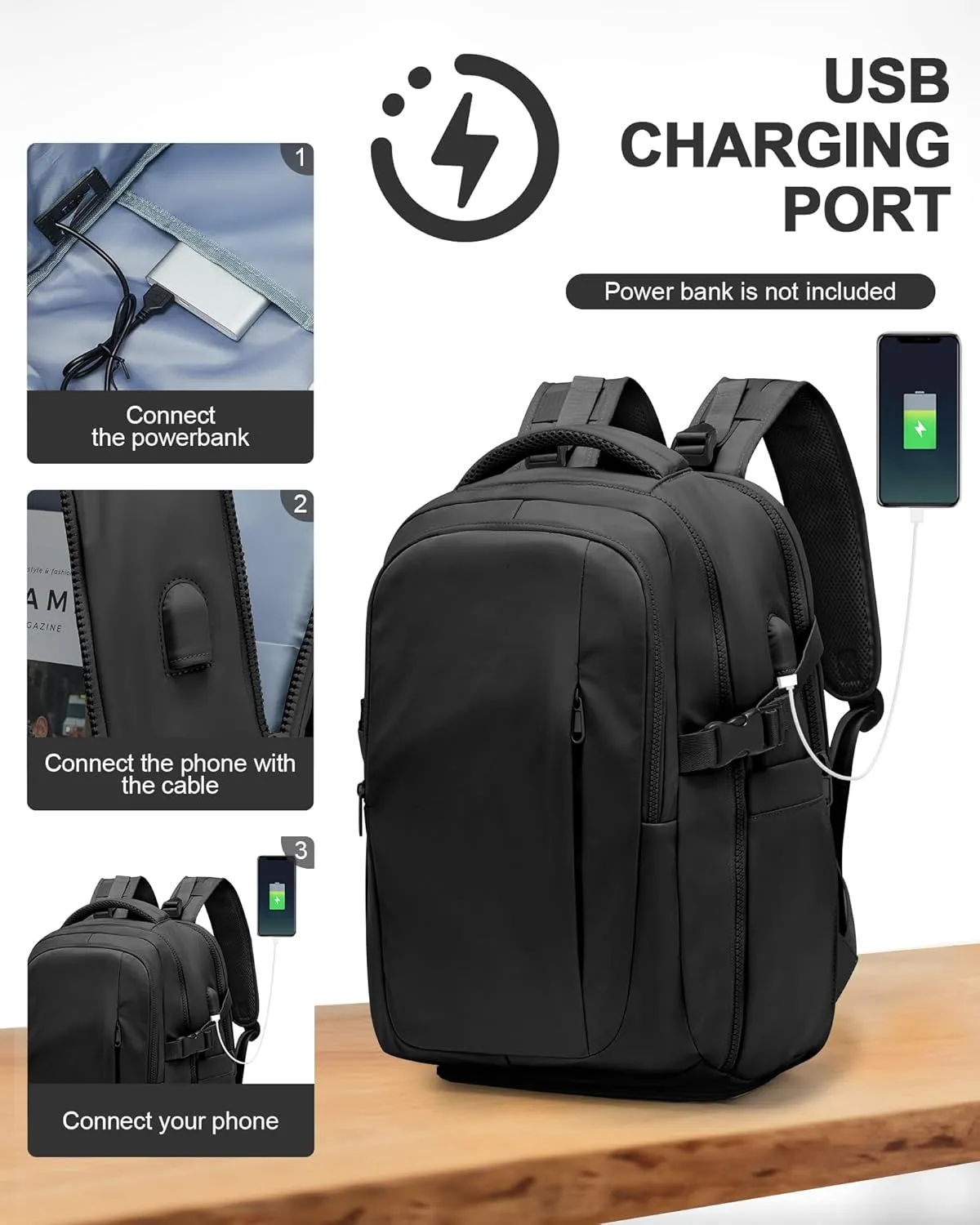 Black Travel Backpack for Women Mens Backpack Carry On Flight Approved personal item bag, 14 Inch Anti Theft Laptop Backpack Waterproof for Weekender Traveling Hiking