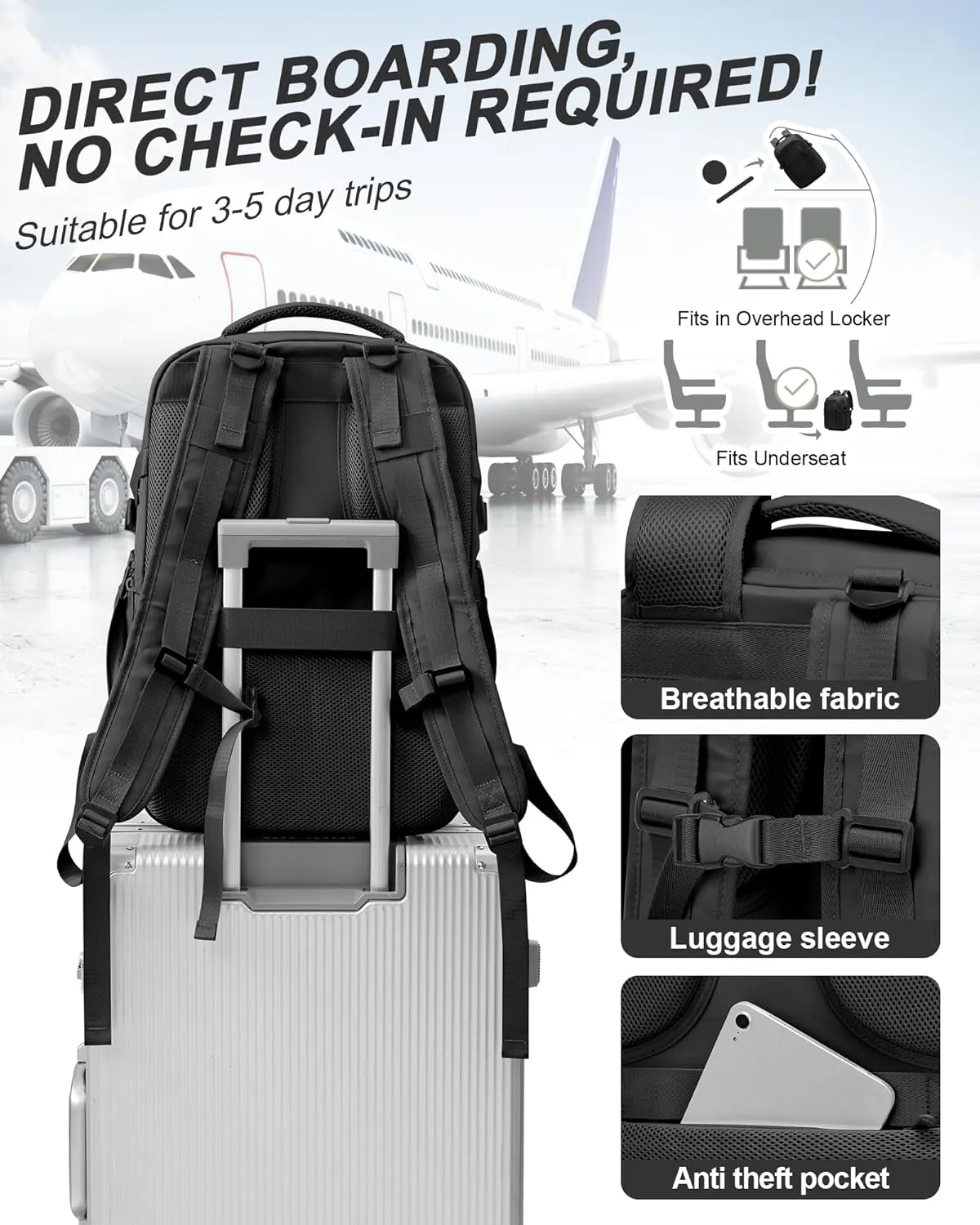 Black Travel Backpack for Women Mens Backpack Carry On Flight Approved personal item bag, 14 Inch Anti Theft Laptop Backpack Waterproof for Weekender Traveling Hiking