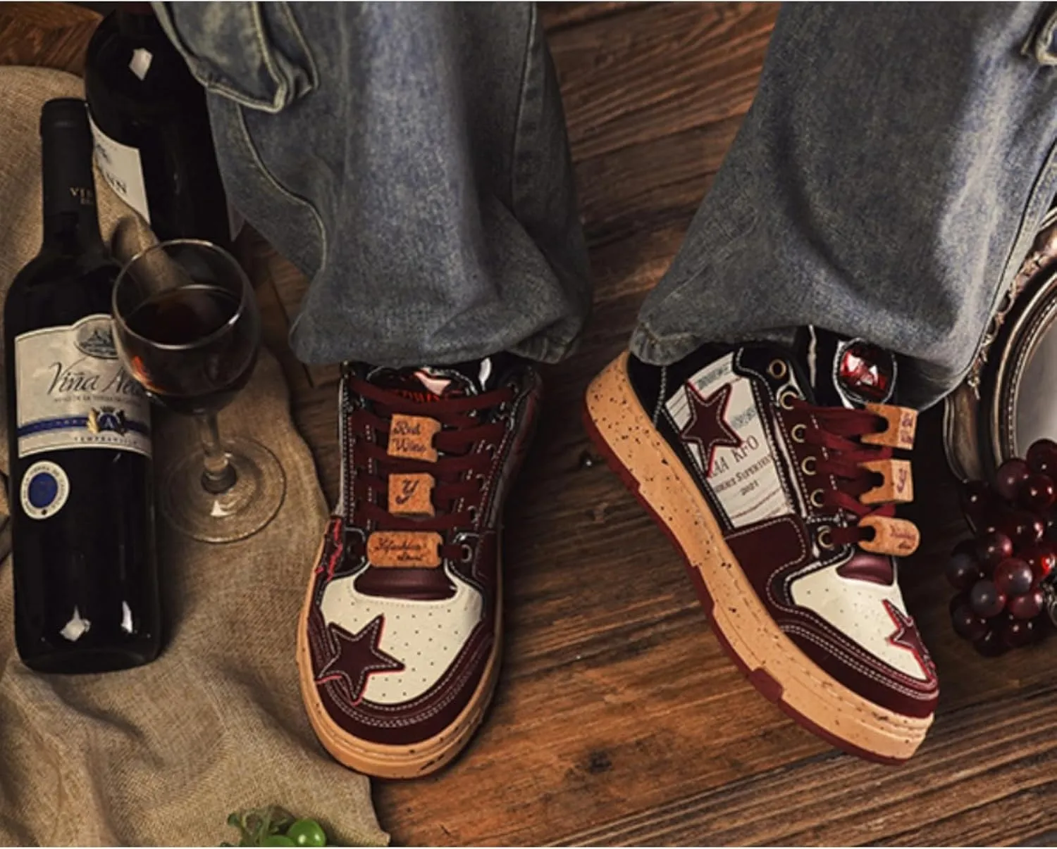 Burgundy Star Print Fashion Chunky Sneakers for Women Trendy Casual Aesthetic Skateboard Walking Dance Shoes