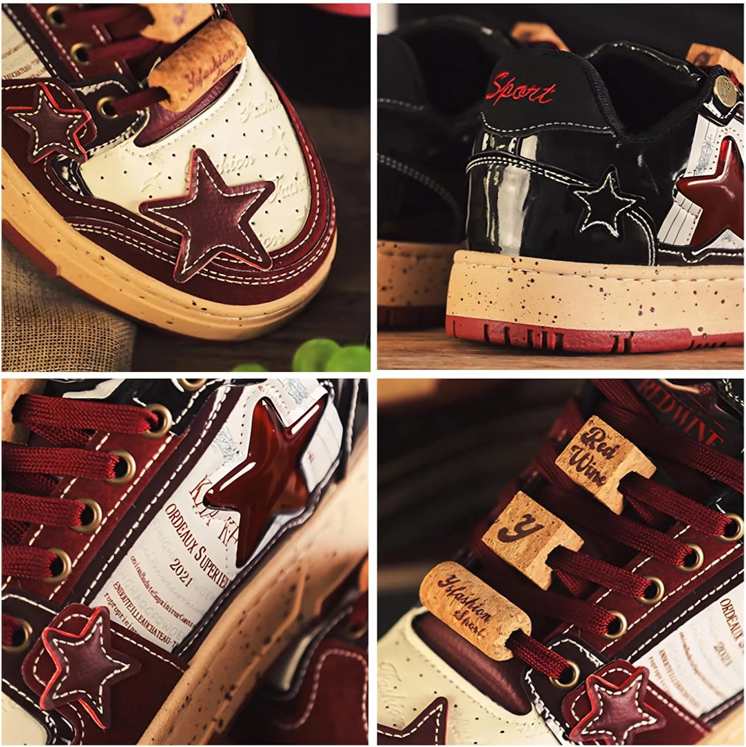 Burgundy Star Print Fashion Chunky Sneakers for Women Trendy Casual Aesthetic Skateboard Walking Dance Shoes