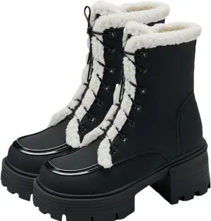 Chunky Low Heel Velvet Ankle Boots, Side Zip Lace Up Snow Boots Outdoor Sports Boots Raw Edge Patent Leather Matte Stain-Resistant Fashion Boots