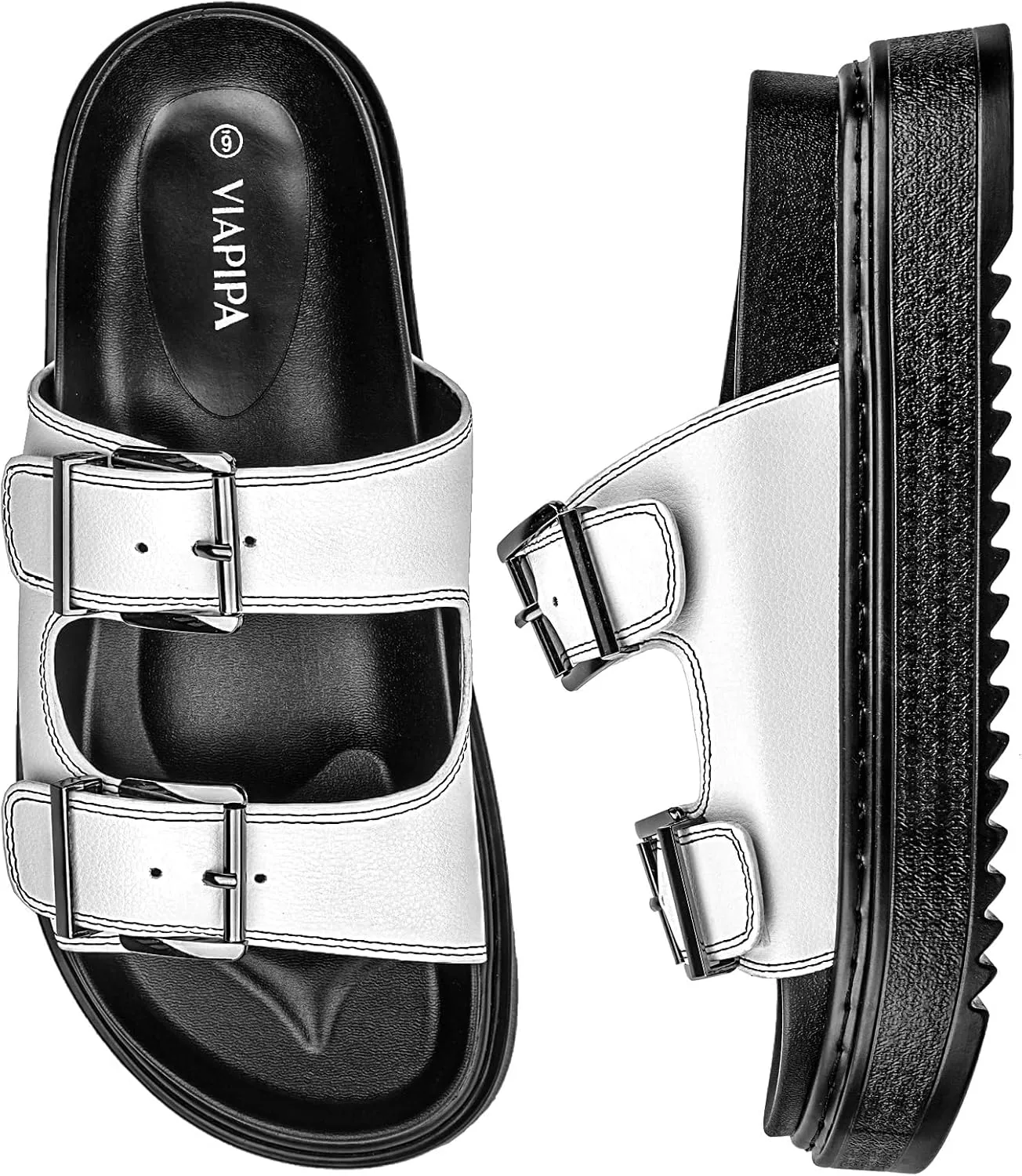 Chunky Platform Sandals for Women, Waterproof Non-Slip Rubber Sole, Adjustable Double Buckle, Arch Support Open Toe Slide Sandals, Comfortable Black Wedge Sandals for Women