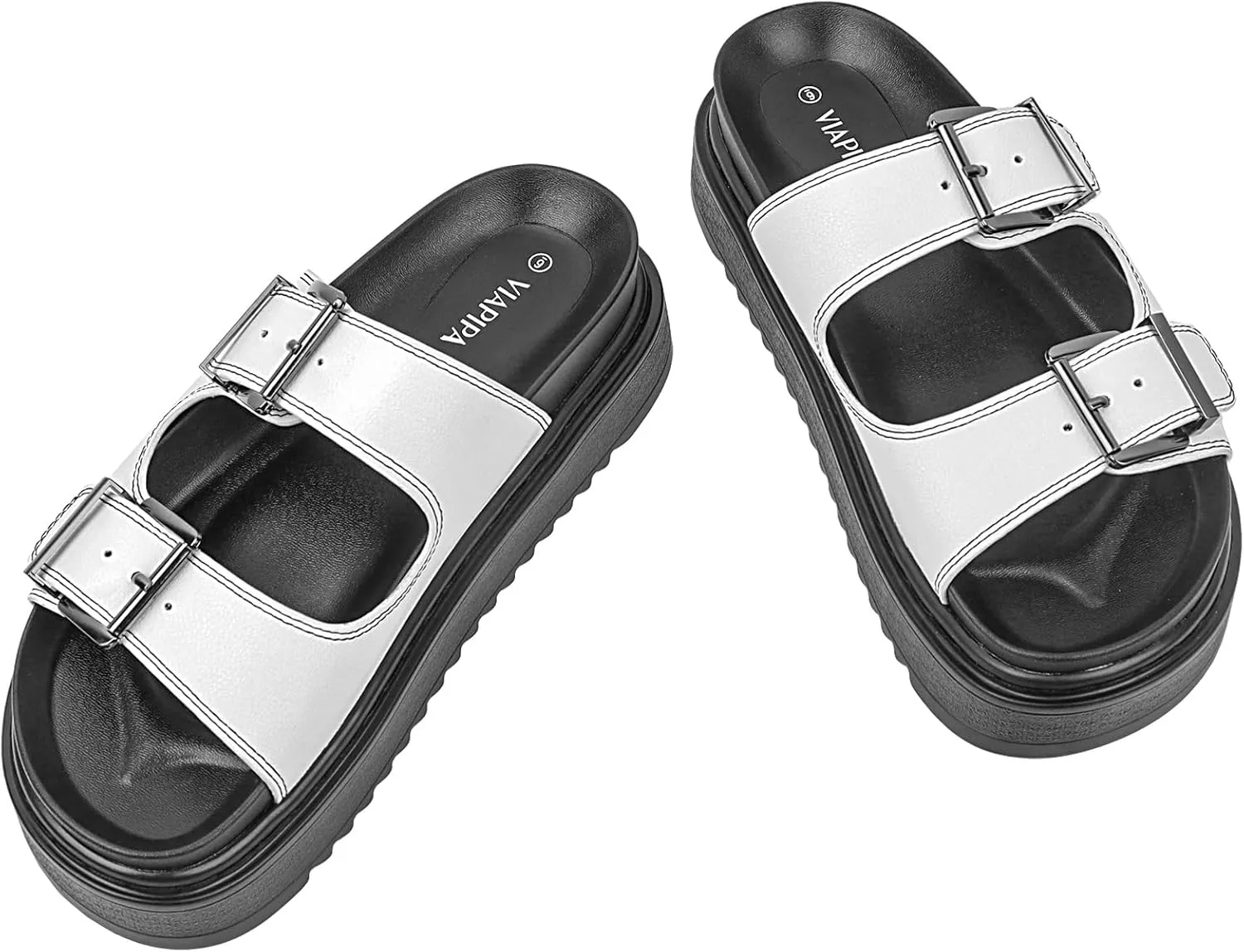 Chunky Platform Sandals for Women, Waterproof Non-Slip Rubber Sole, Adjustable Double Buckle, Arch Support Open Toe Slide Sandals, Comfortable Black Wedge Sandals for Women