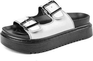 Chunky Platform Sandals for Women, Waterproof Non-Slip Rubber Sole, Adjustable Double Buckle, Arch Support Open Toe Slide Sandals, Comfortable Black Wedge Sandals for Women