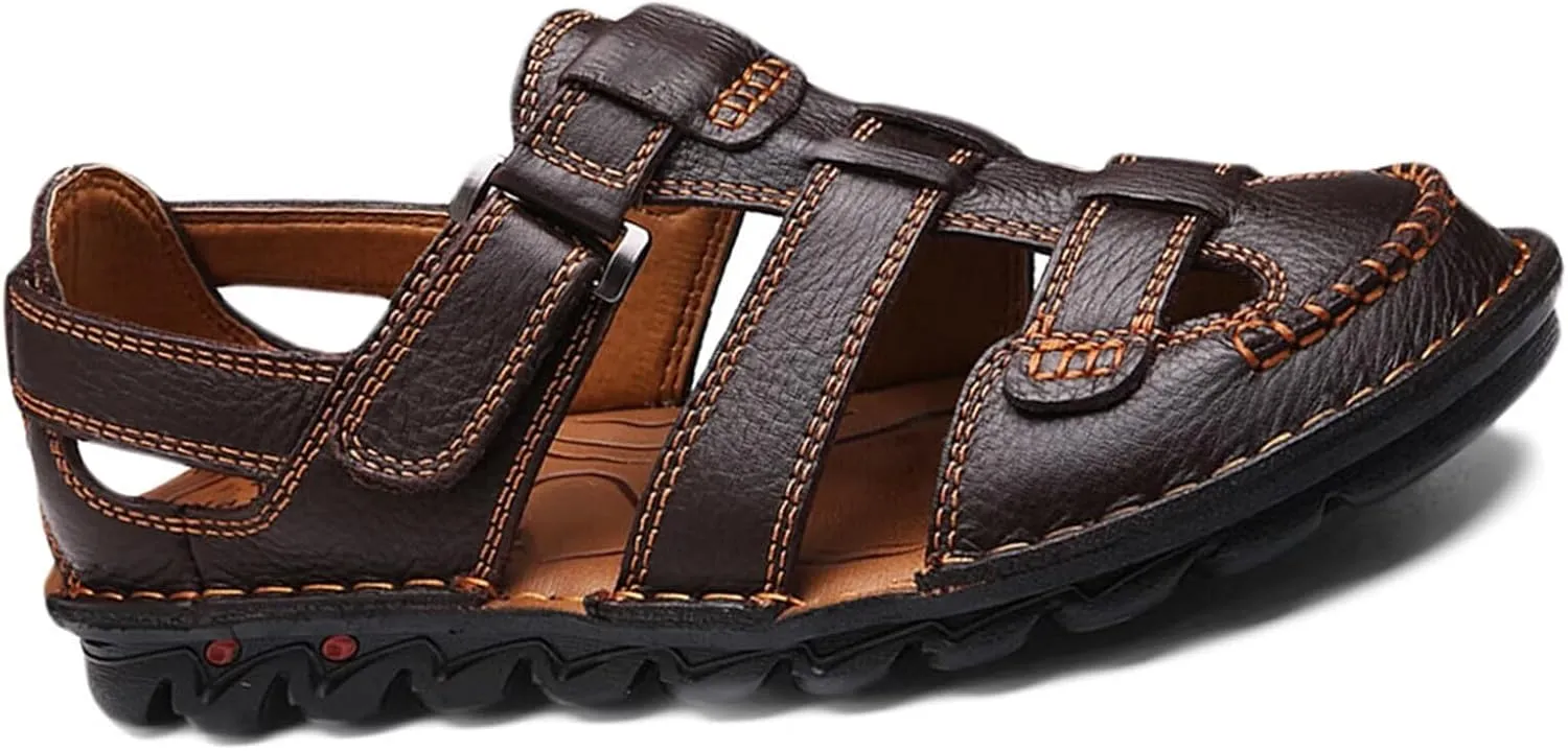 Closed Toe Sandals Leather Sports Outdoor Sandals Summer Waterproof Men's Beach Shoes Casual Trekking Walking Hiking Sandals