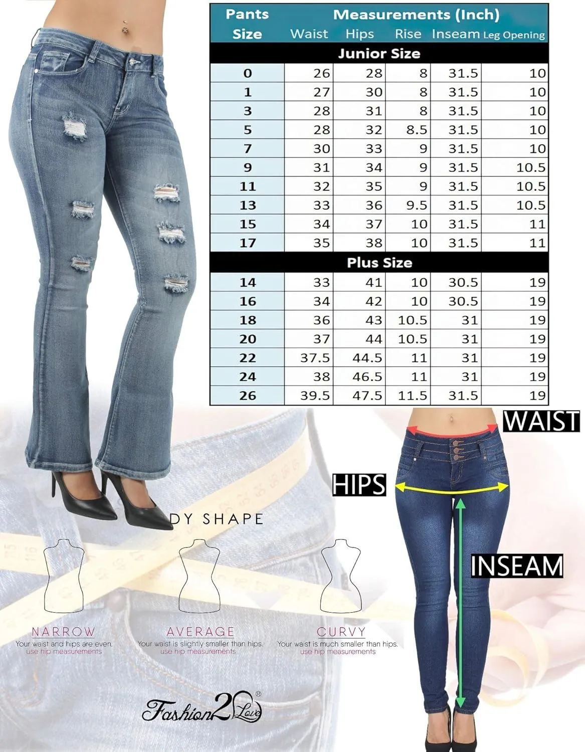 Colombian Design, Butt Lift, Levanta Cola, Boot Leg Jeans Plus/Junior Size