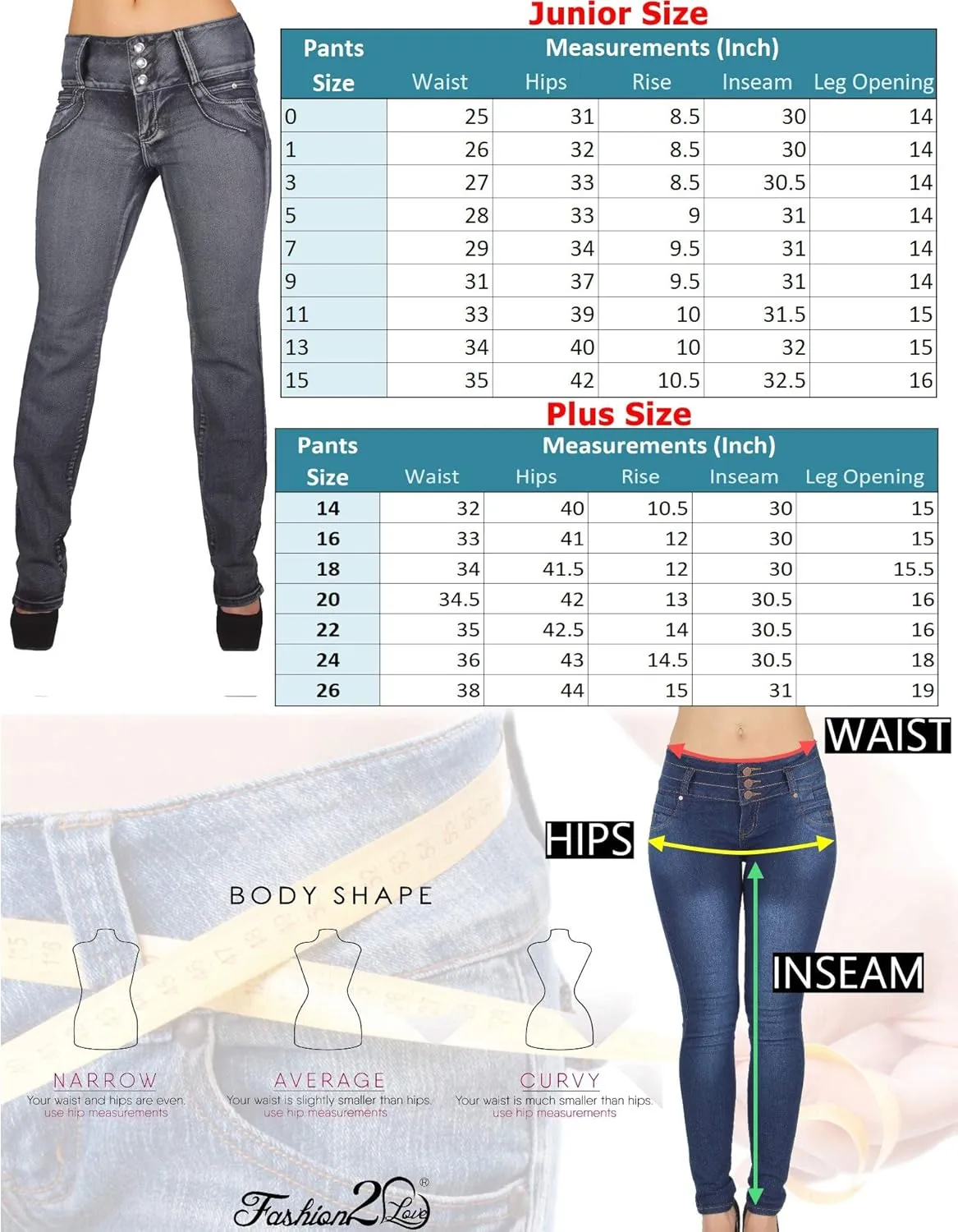 Colombian Design, Butt Lift, Levanta Cola, Boot Leg Jeans Plus/Junior Size