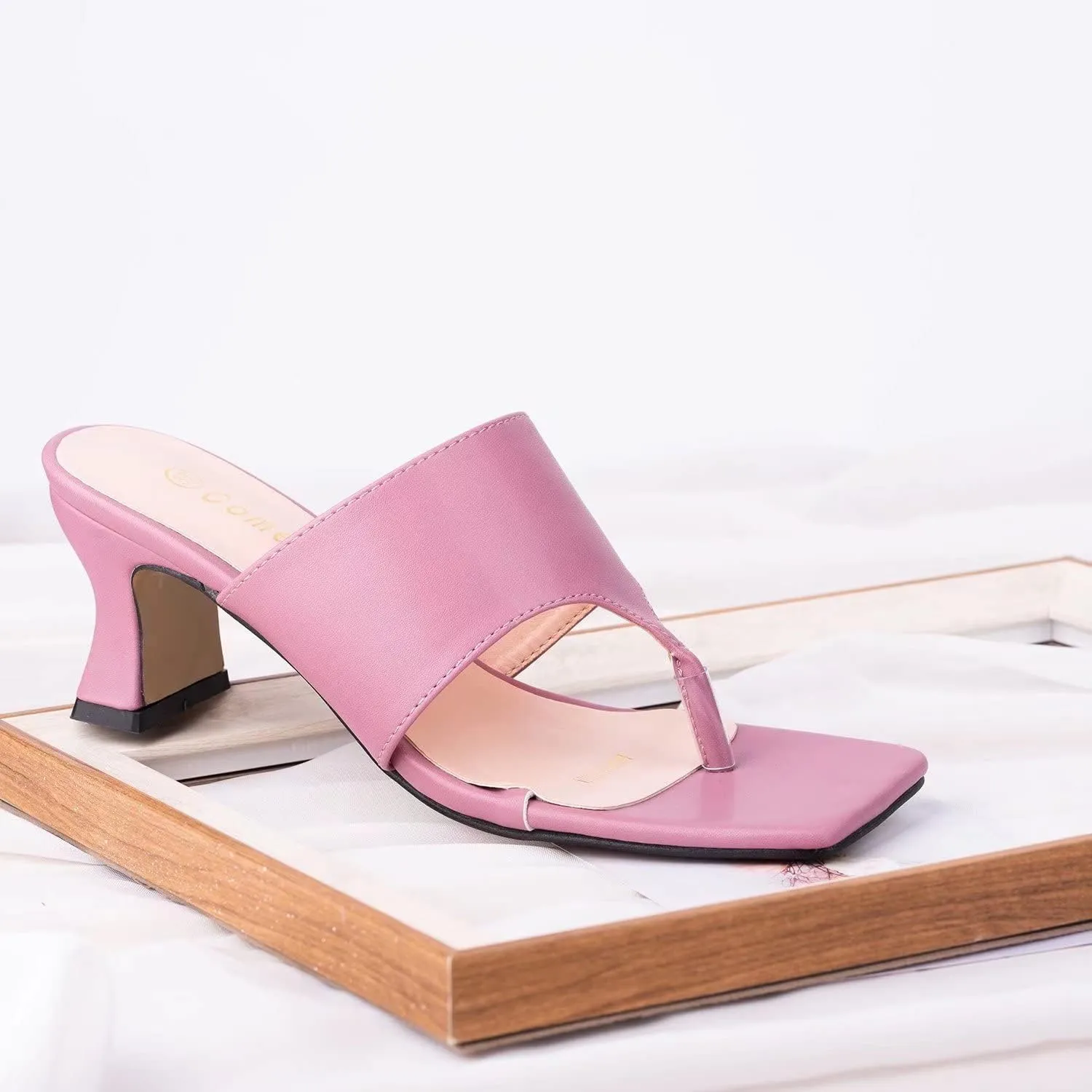 ComeShun Women Block Heel Mules Ankle Strap Flip Flops Square Toe Slip On Thong Sandals
