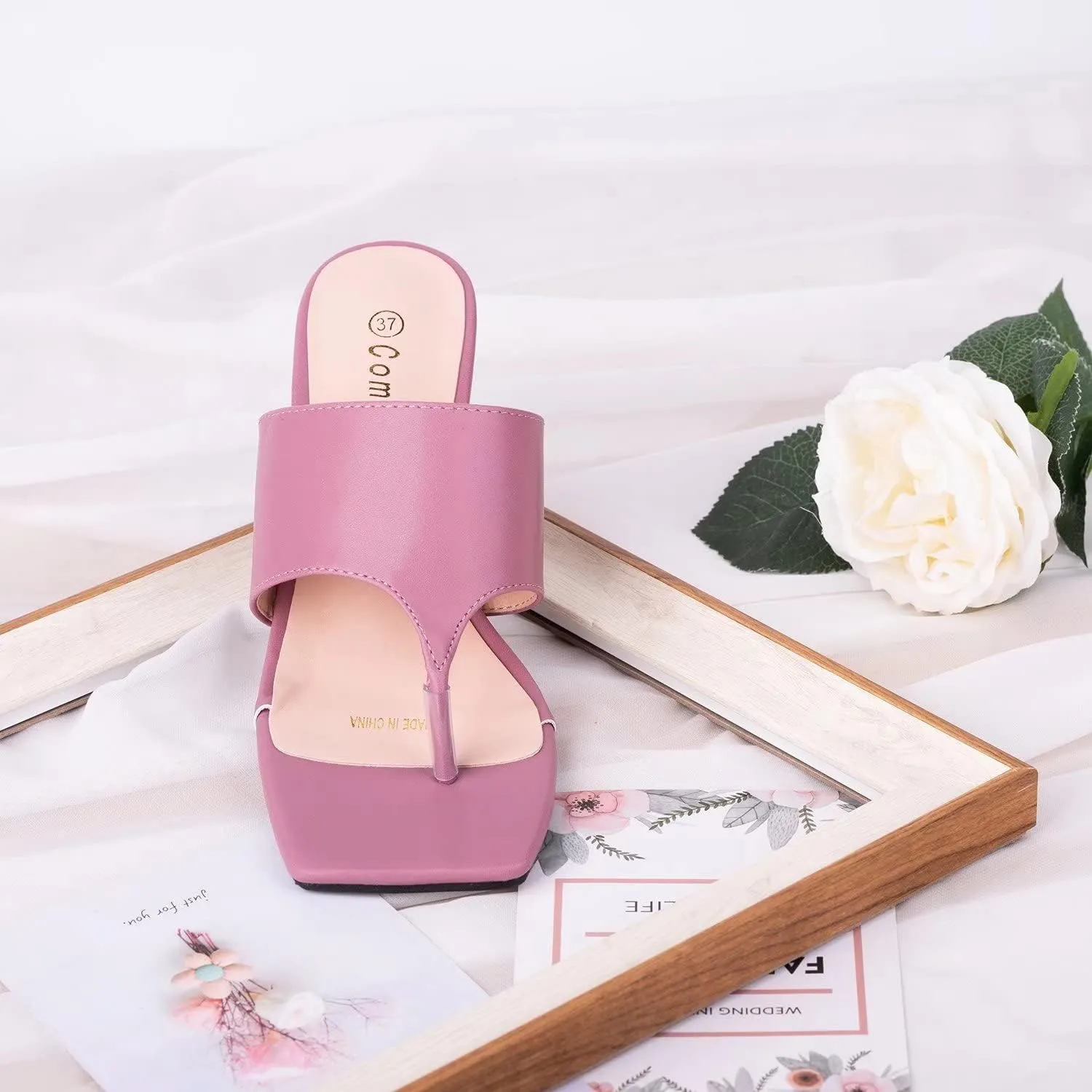 ComeShun Women Block Heel Mules Ankle Strap Flip Flops Square Toe Slip On Thong Sandals