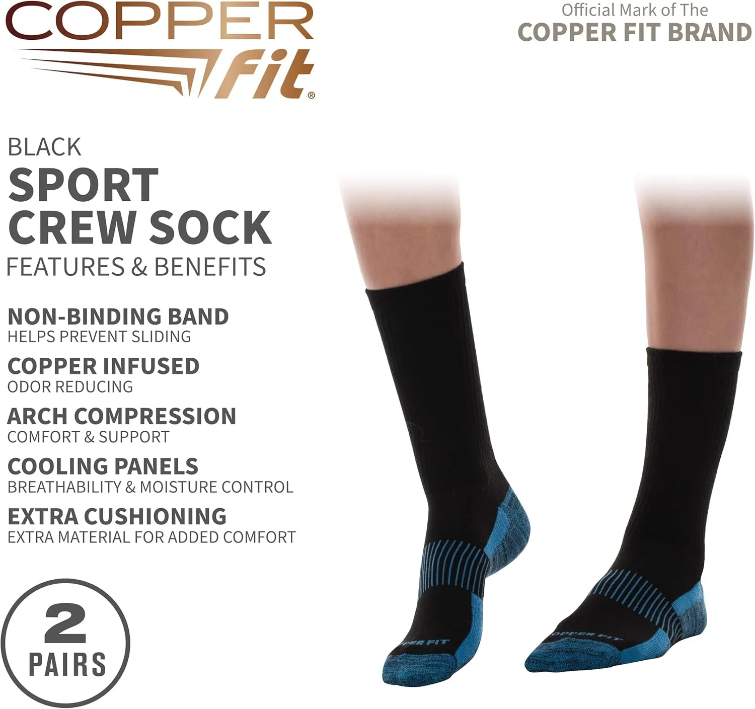 Copper Fit Unisex Crew Length Sport Socks, 2 Pair