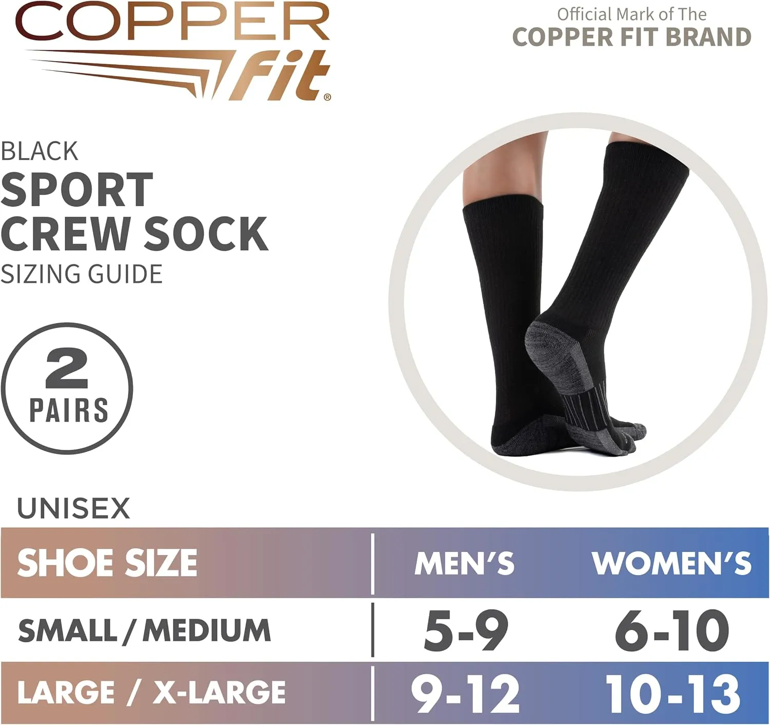 Copper Fit Unisex Crew Length Sport Socks, 2 Pair