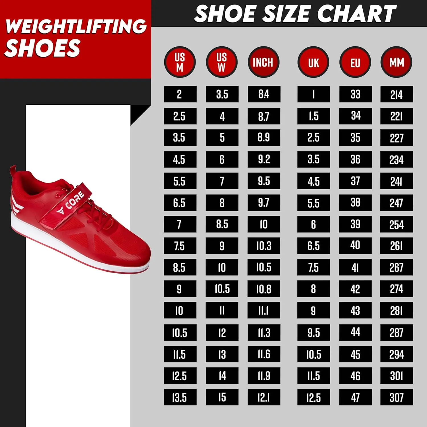 Core Weightlifting Shoes - Squat Shoes for Men and Women – Weight Lifting Shoes for Powerlifting, Deadlifting & Crossfit - Strap and Lace-Up Gym Shoes – Non-Slip Olympic Lifting Shoes with 0.67" Heels