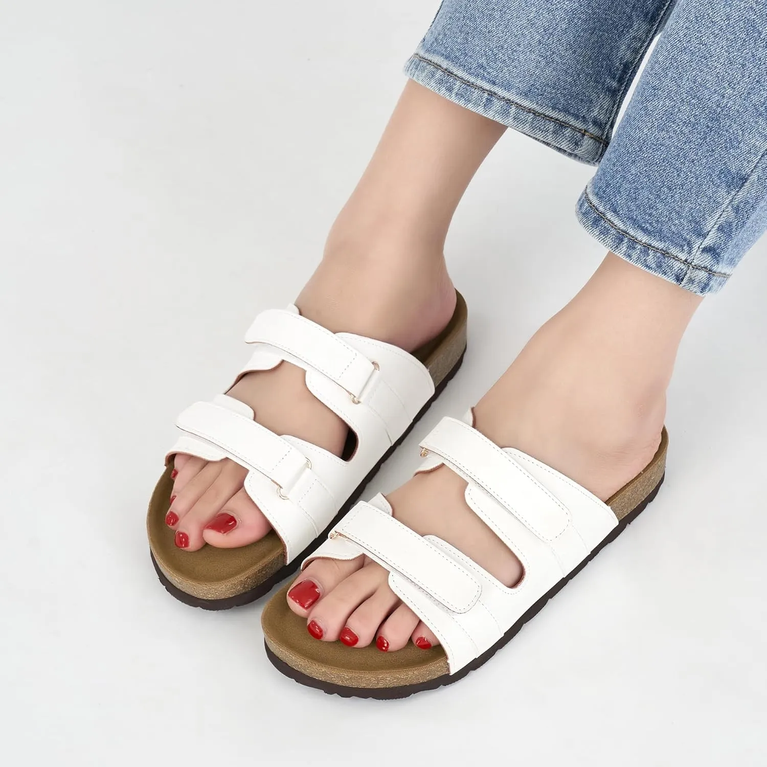 Cork Footbed Sandals for Women: Comfortable Arch Support Slides for Beach Walking Summer Vacation