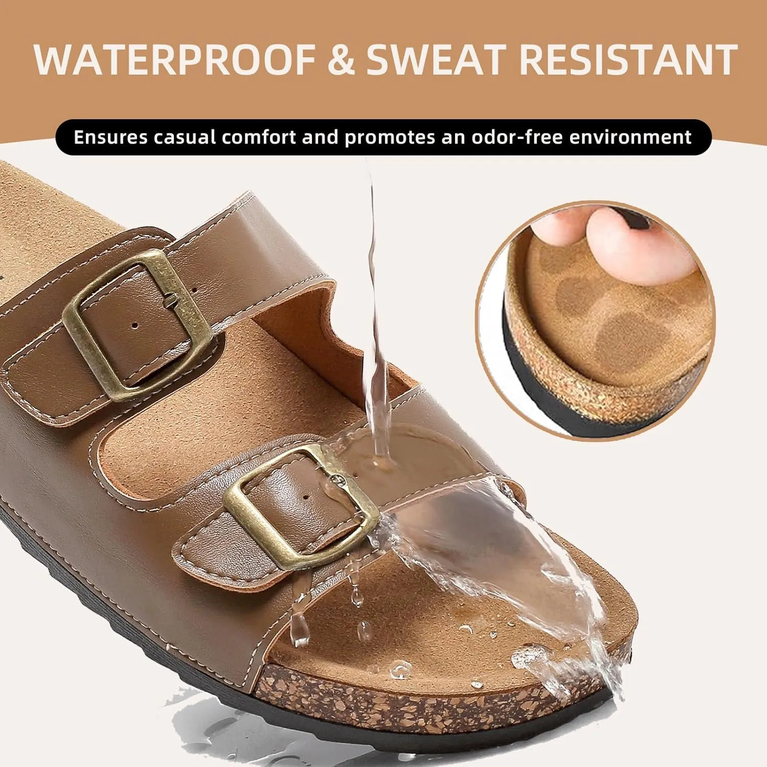 Cork Footbed Sandals Women Men, Arch Support Summer Beach Slide Slip On Slippers with Adjustable Buckle Outdoor Indoor