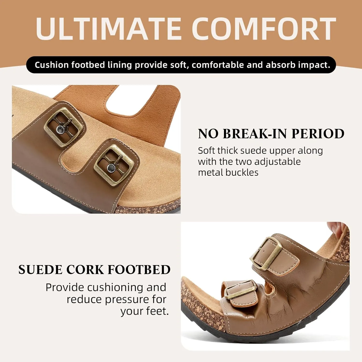 Cork Footbed Sandals Women Men, Arch Support Summer Beach Slide Slip On Slippers with Adjustable Buckle Outdoor Indoor