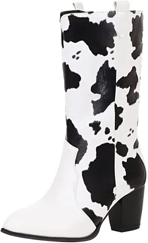 Cow Print Boots for Women - Fashion Pointed Toe Cutout Slip-on Chunky High Heel Mid Calf Boots Casual Trendy Colorblock Thick-heel Leather Shoes