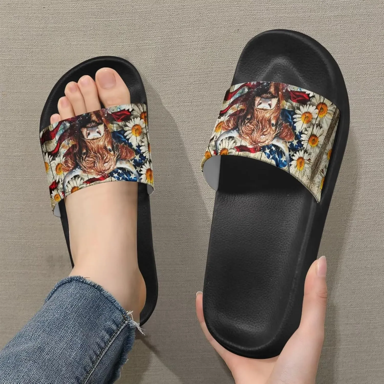 Cow Slippers Slip On Womens Flats Sandals Summer Beach Sandal for Lady Comfort Soft Footbed House Slipper